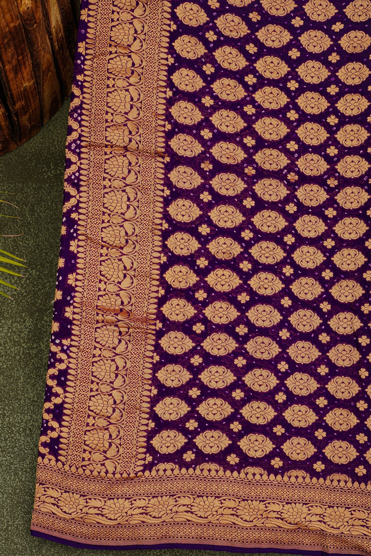 Bandhani Kaddi Georgette Purple Saree With Bandhani Dots And Florals Body