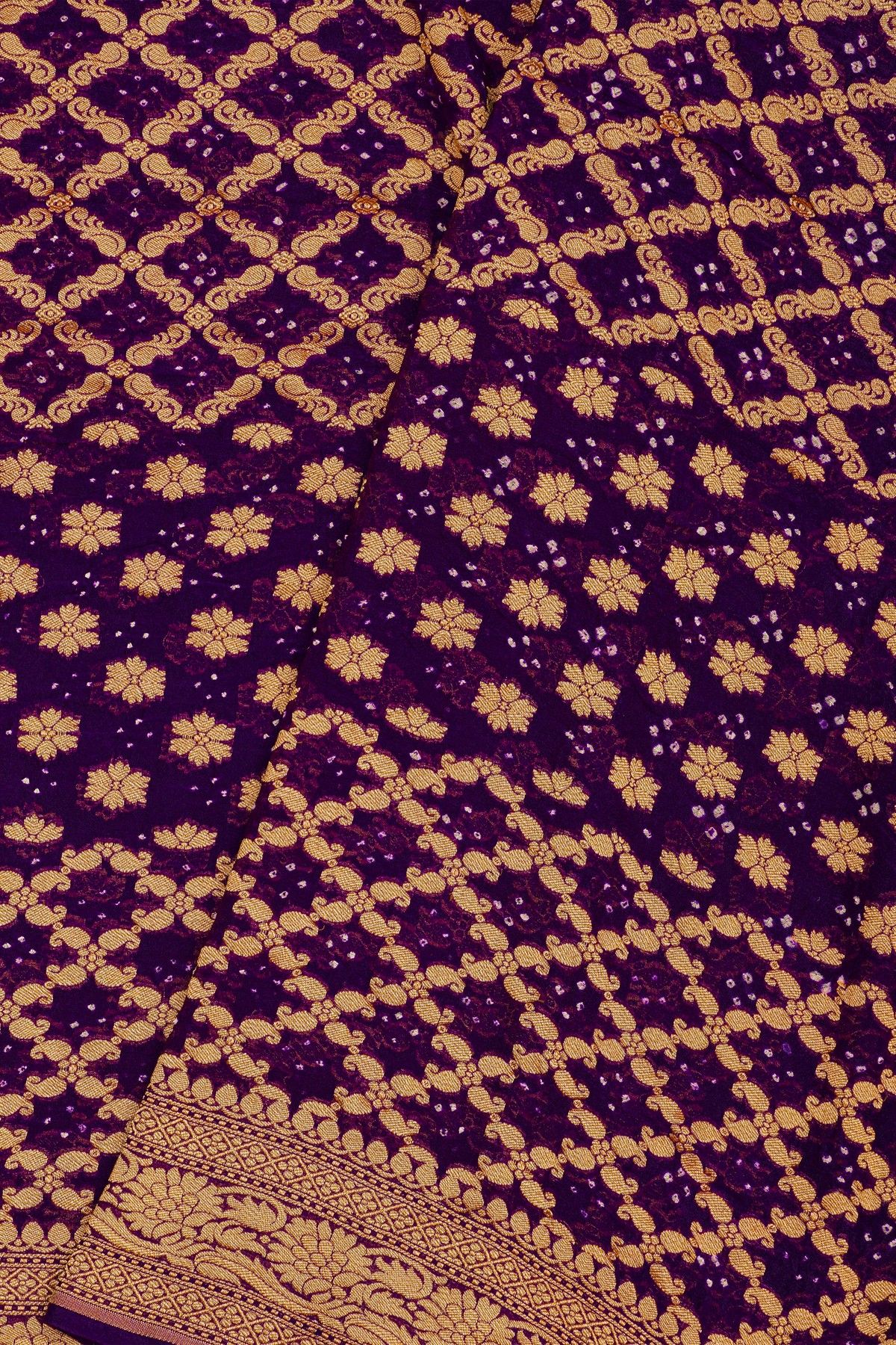 Bandhani Kaddi Georgette Purple Saree With Bandhani Dots And Florals Body
