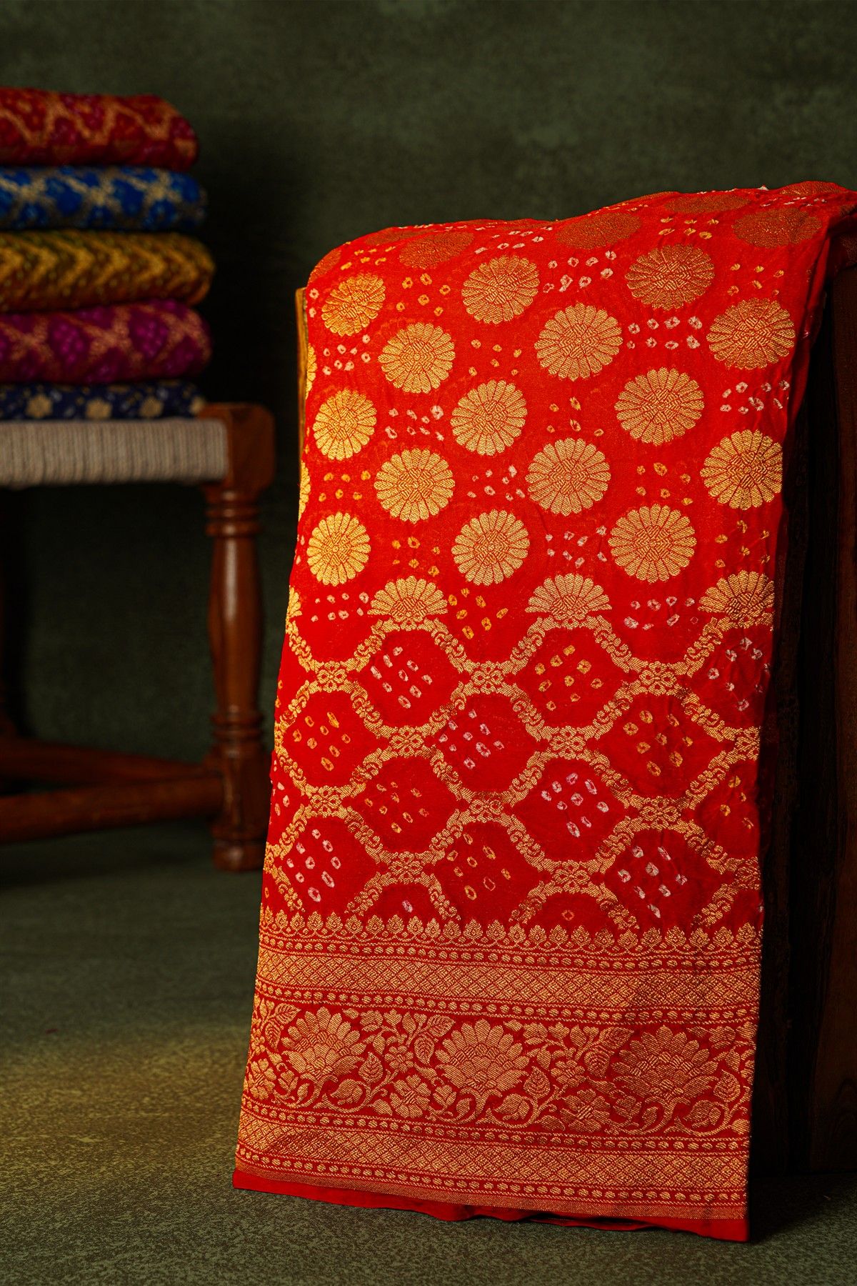 Bandhani Kaddi Georgette Red Saree With Bandhani Dots And Florals Body