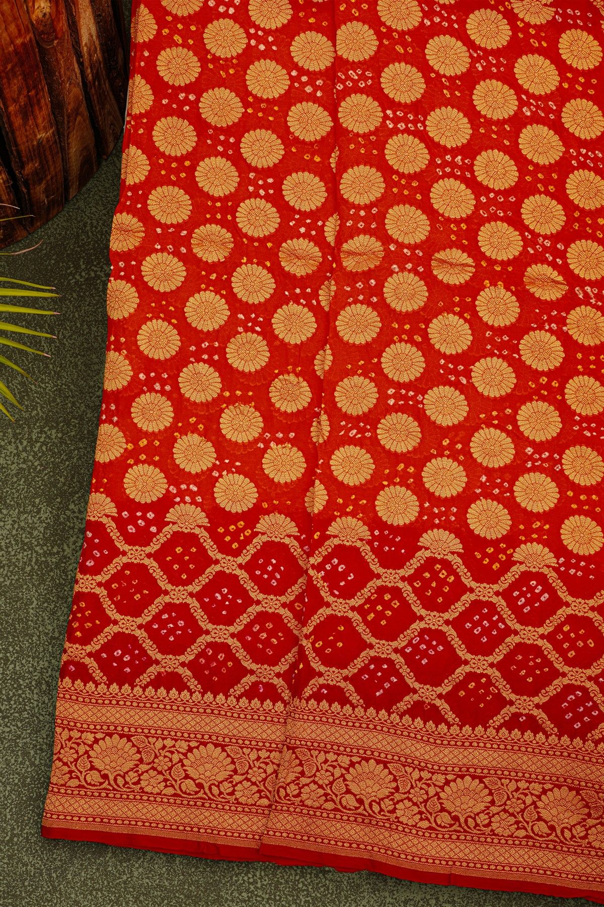 Bandhani Kaddi Georgette Red Saree With Bandhani Dots And Florals Body