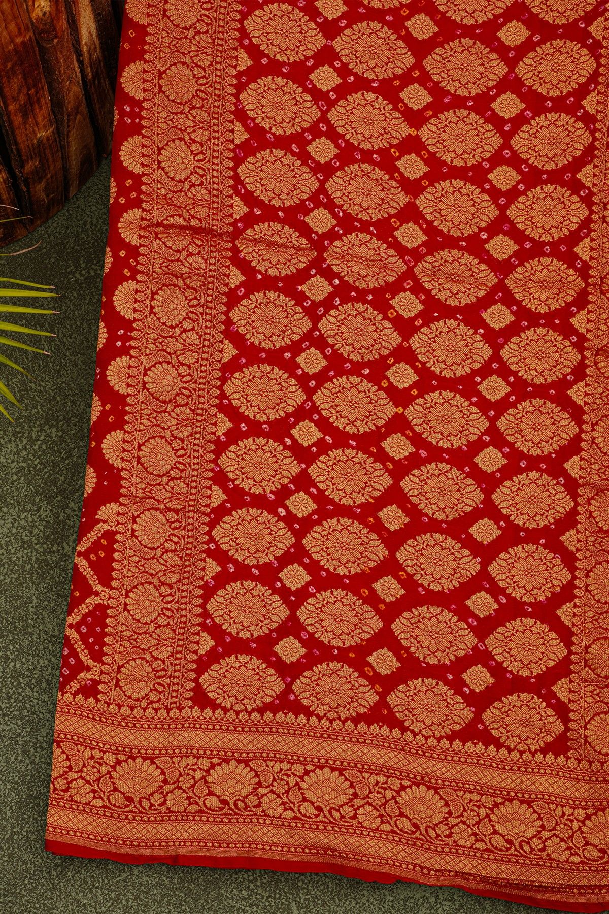 Bandhani Kaddi Georgette Red Saree With Bandhani Dots And Florals Body