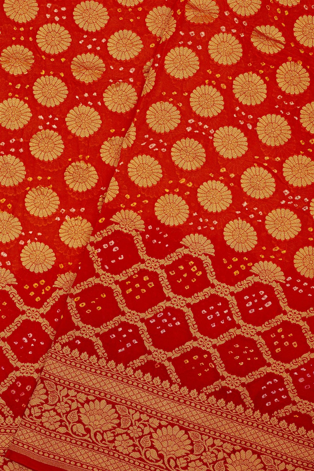 Bandhani Kaddi Georgette Red Saree With Bandhani Dots And Florals Body