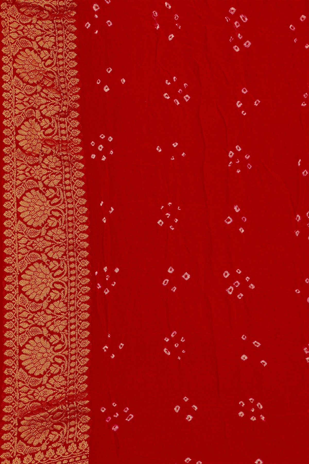 Bandhani Kaddi Georgette Red Saree With Bandhani Dots And Florals Body