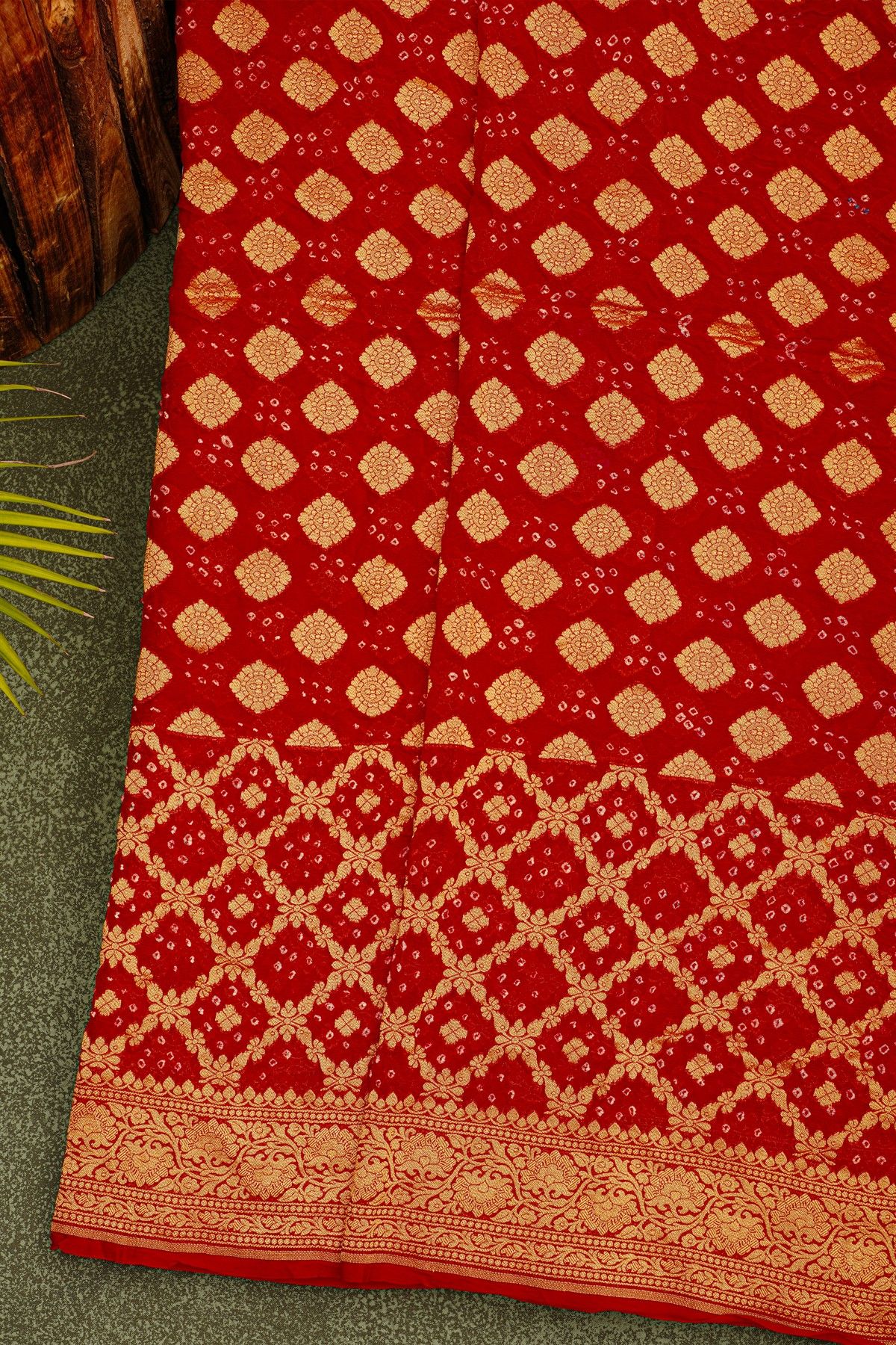 Bandhani Kaddi Georgette Red Saree With Florals And Bandhani Dots Body