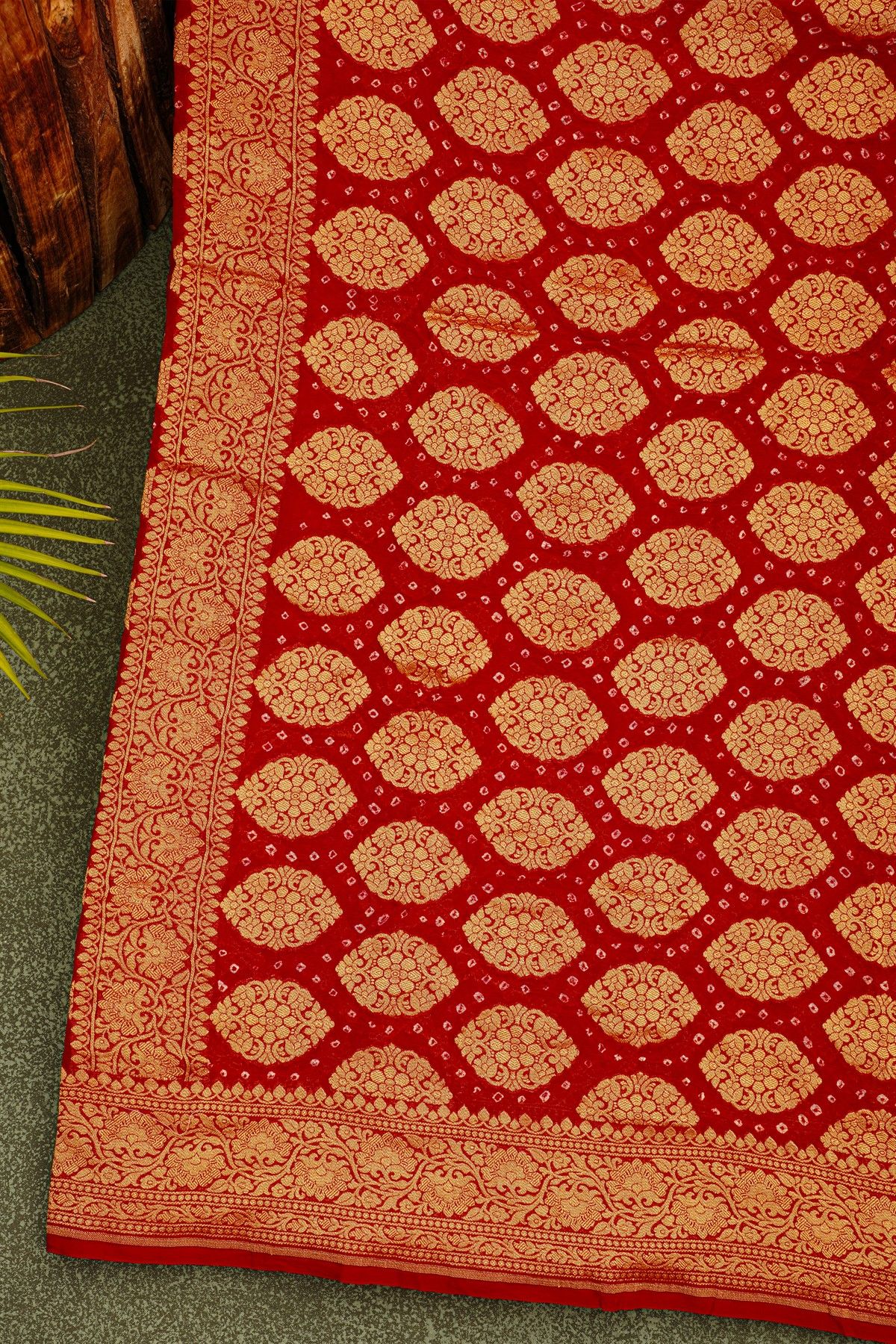 Bandhani Kaddi Georgette Red Saree With Florals And Bandhani Dots Body