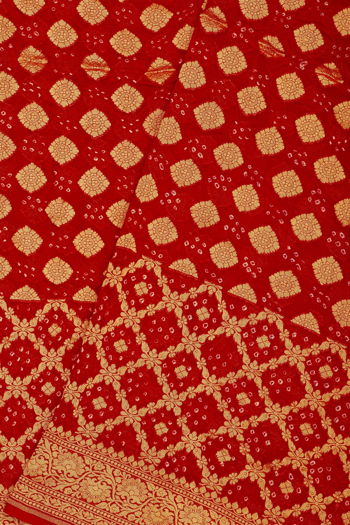 Bandhani Kaddi Georgette Red Saree With Florals And Bandhani Dots Body