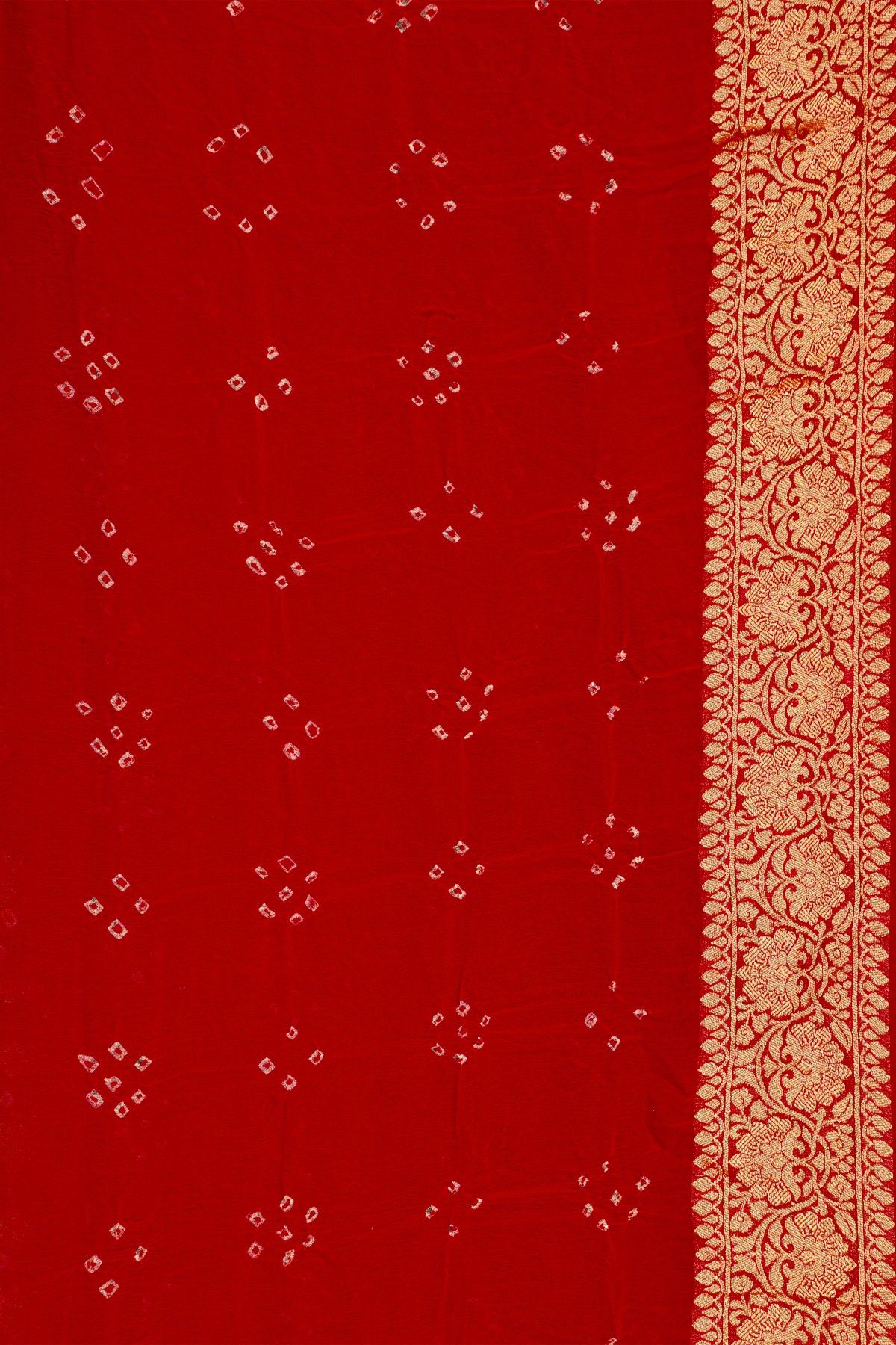 Bandhani Kaddi Georgette Red Saree With Florals And Bandhani Dots Body