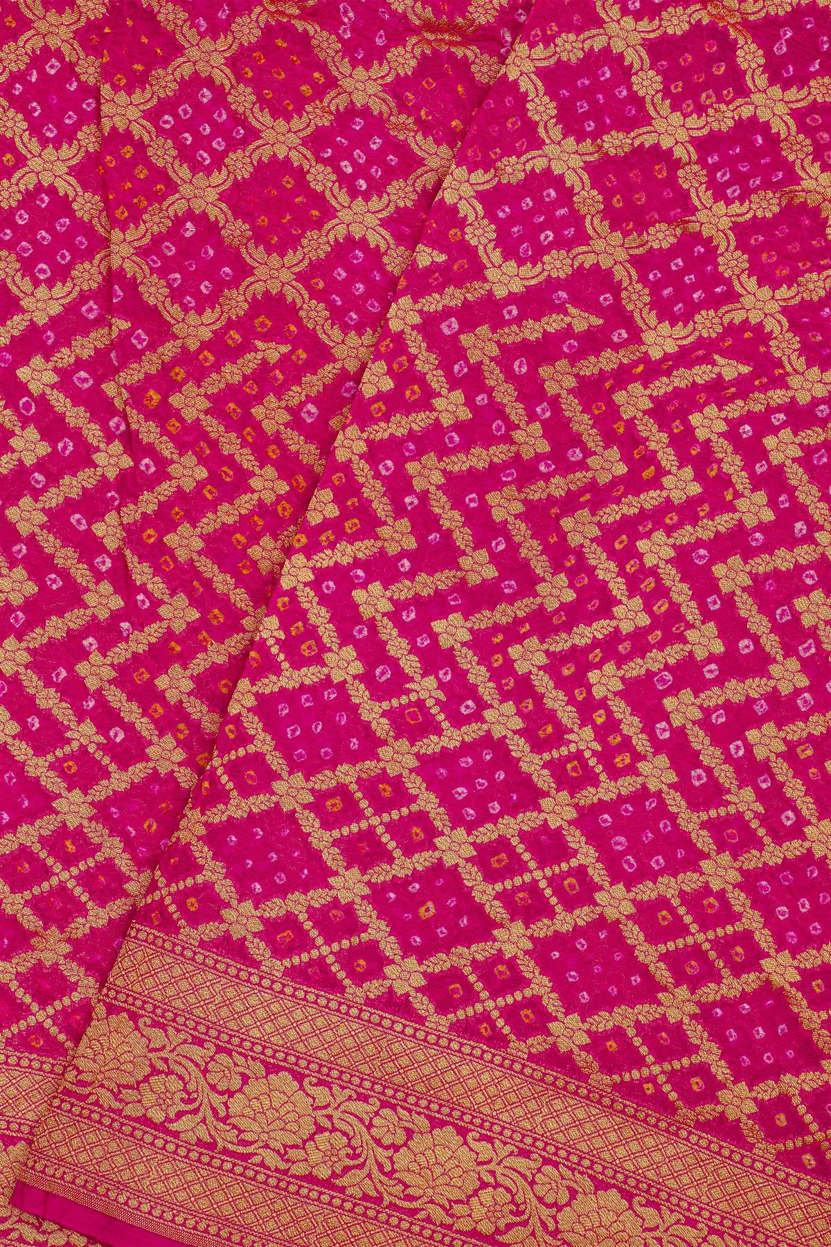 Bandhani Kaddi Georgette Pink Saree With Bandhani Dots And Florals Body