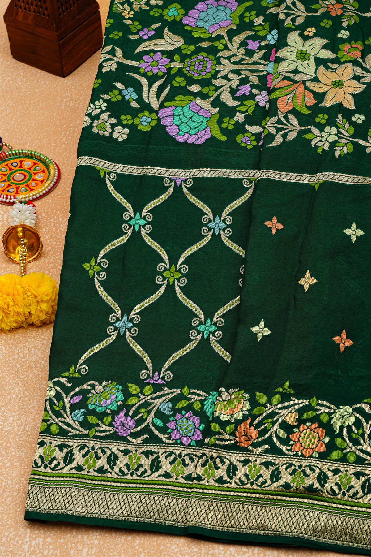 Banarasi Georgette Bottle Green Saree With Diamond Zari Border