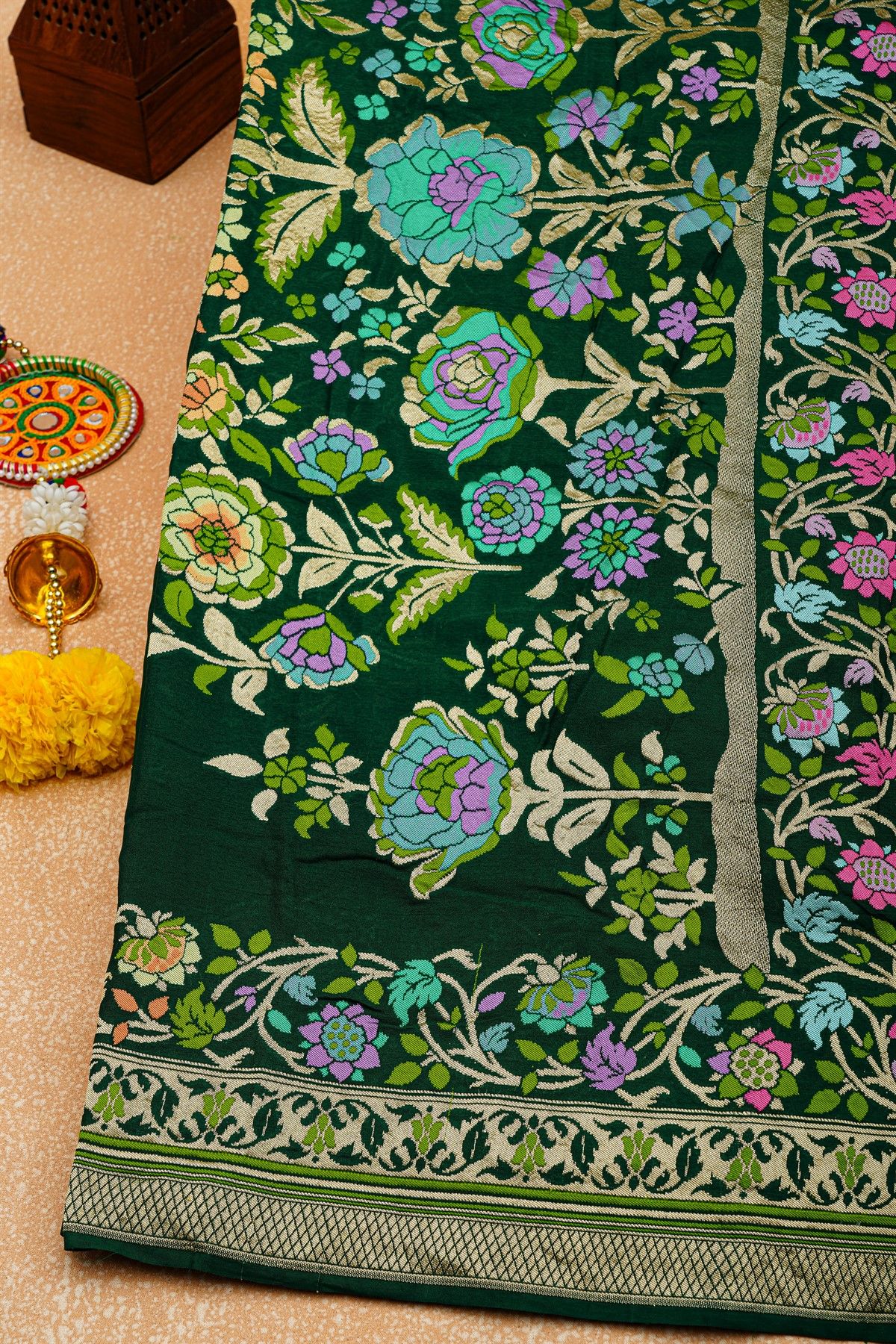 Banarasi Georgette Bottle Green Saree With Diamond Zari Border