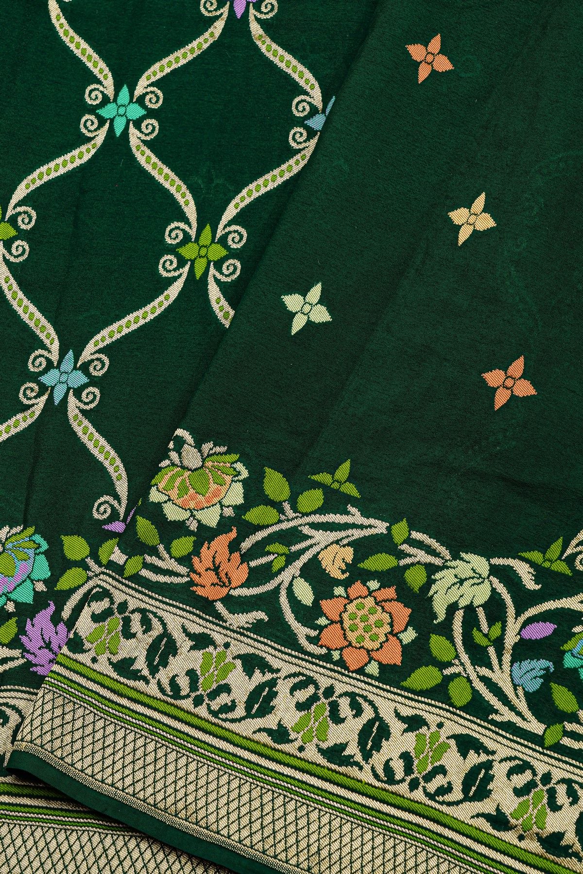 Banarasi Georgette Bottle Green Saree With Diamond Zari Border