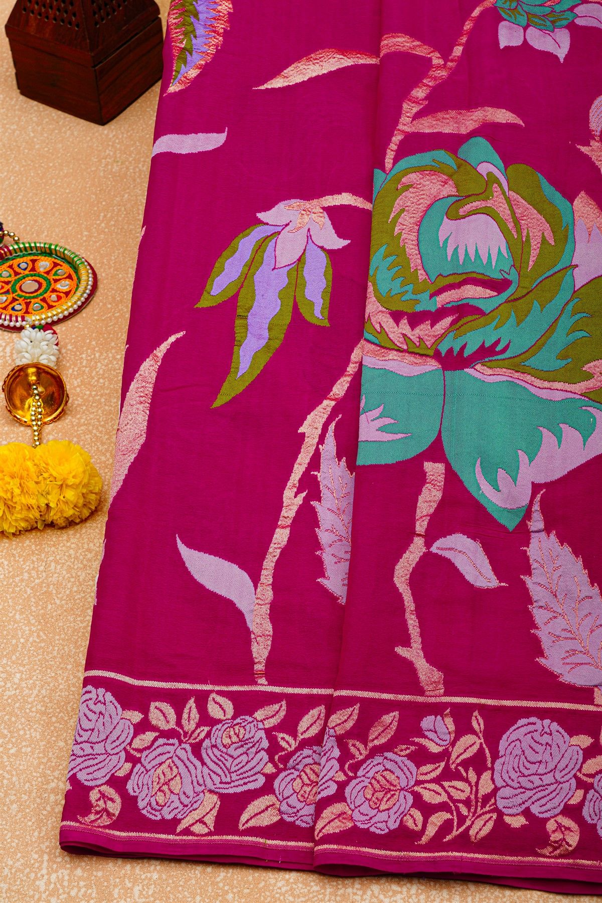 Banarasi Georgette Rani Pink Saree With Florals And Leaves Border