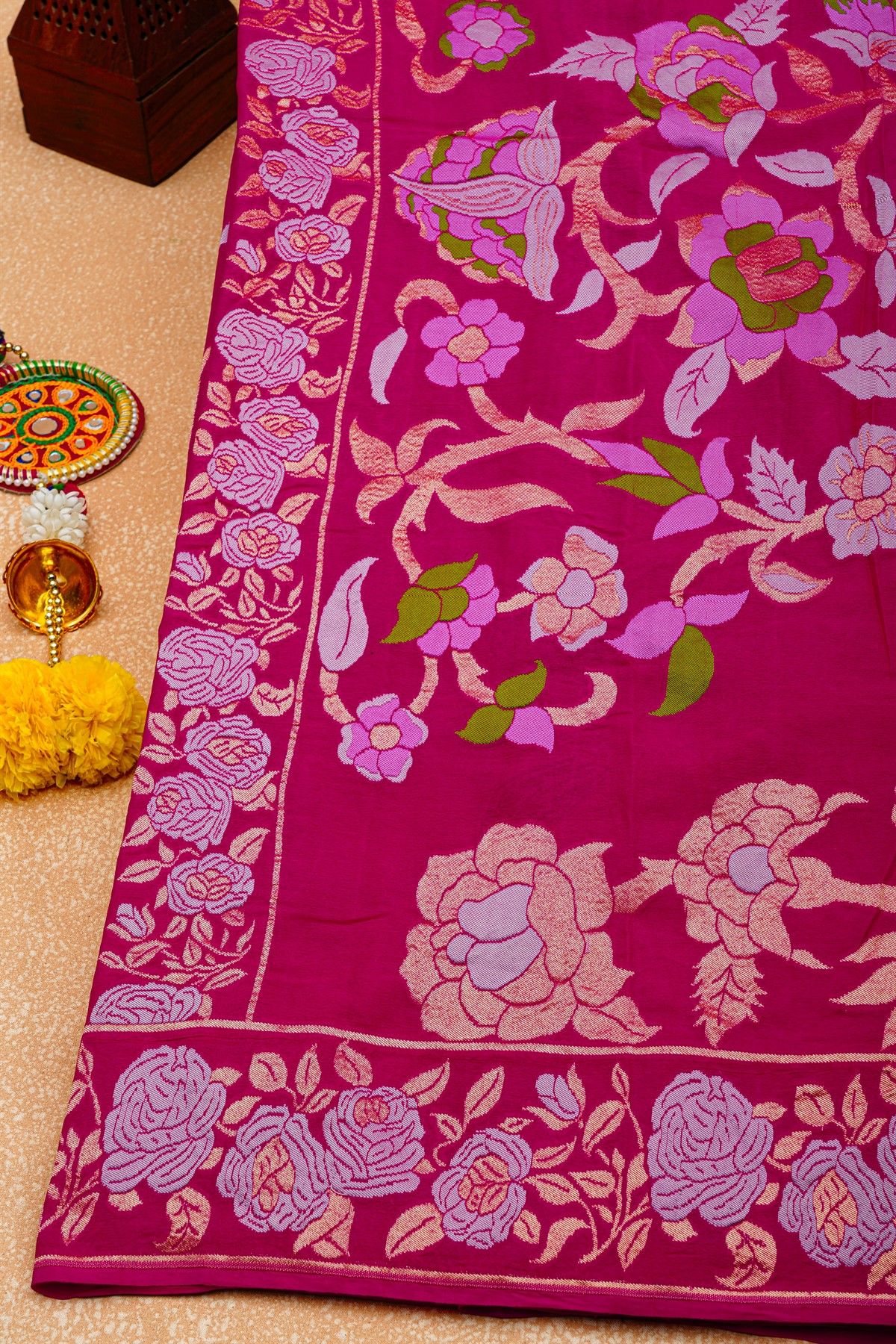 Banarasi Georgette Rani Pink Saree With Florals And Leaves Border