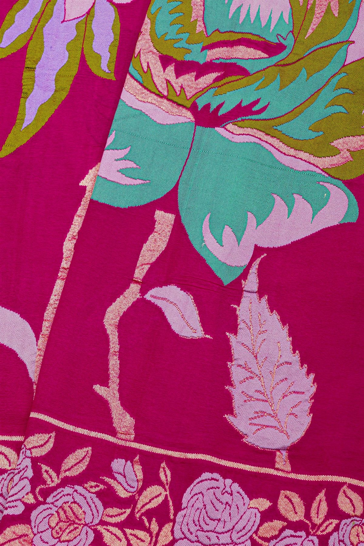 Banarasi Georgette Rani Pink Saree With Florals And Leaves Border