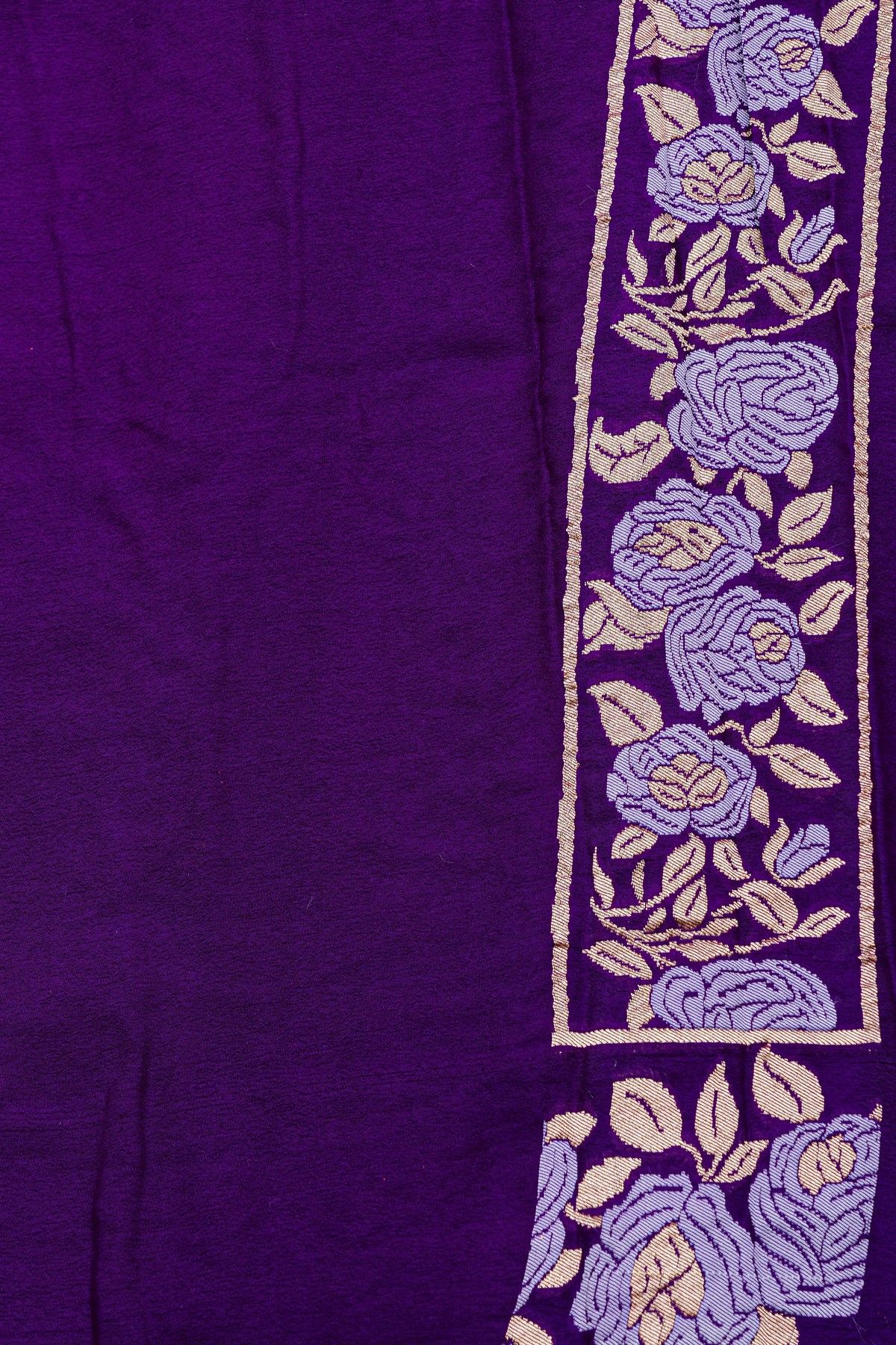 Banarasi Georgette Dark Purple Saree With Florals And Leaves Border