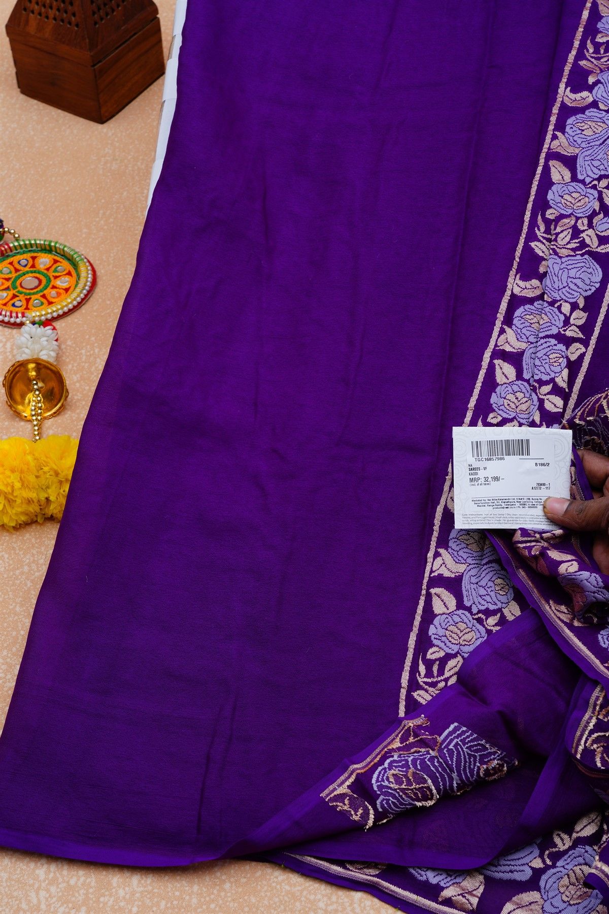 Banarasi Georgette Dark Purple Saree With Florals And Leaves Border
