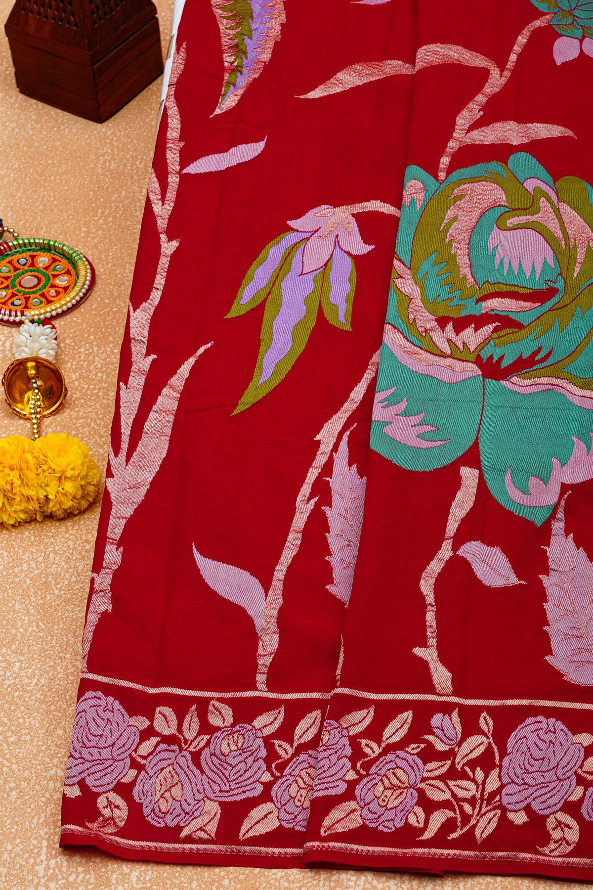 Banarasi Georgette Red Saree With Florals And Leaves Body