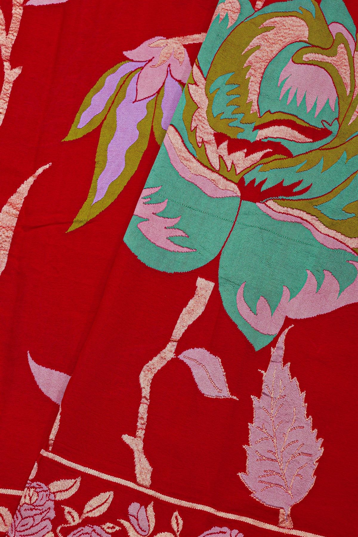 Banarasi Georgette Red Saree With Florals And Leaves Body