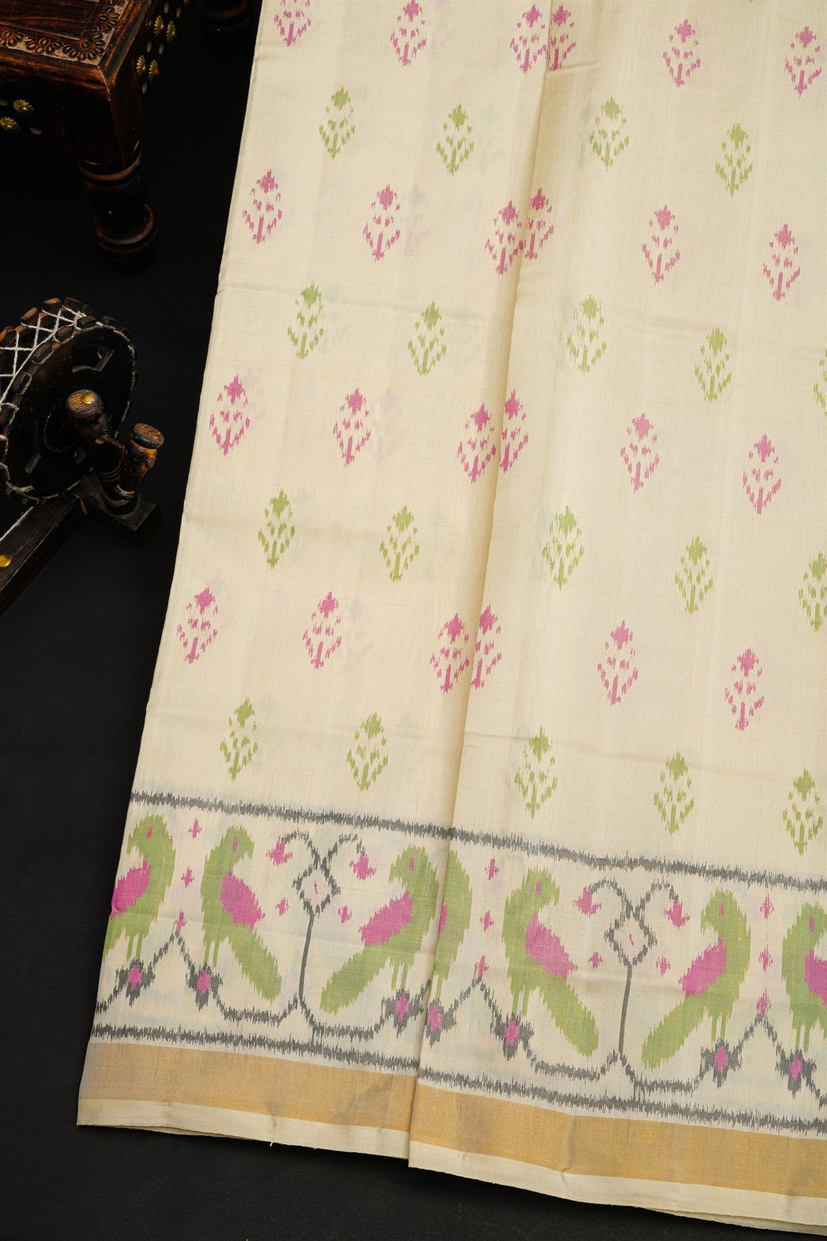 Patola Silk Off White Saree With Floral Jaal And Parrots Border
