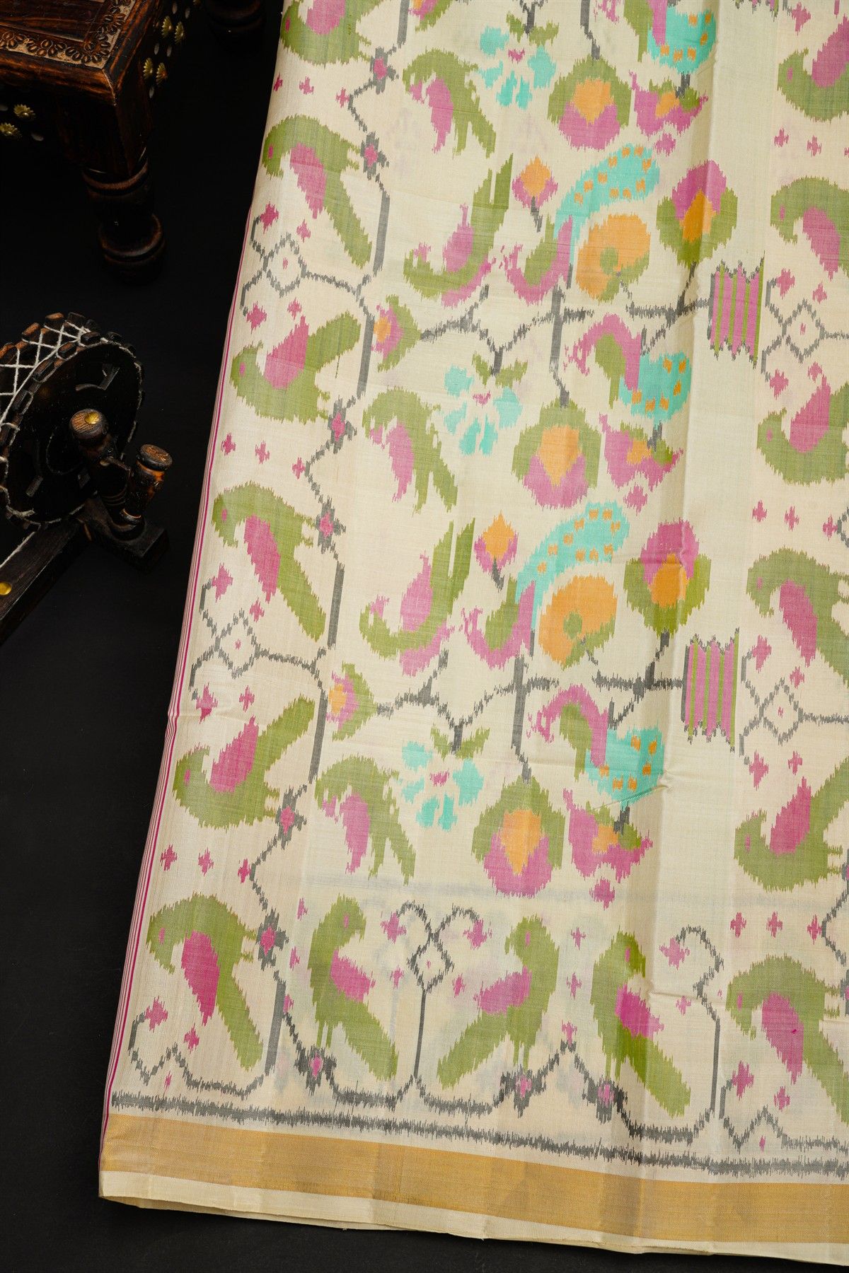 Patola Silk Off White Saree With Floral Jaal And Parrots Border