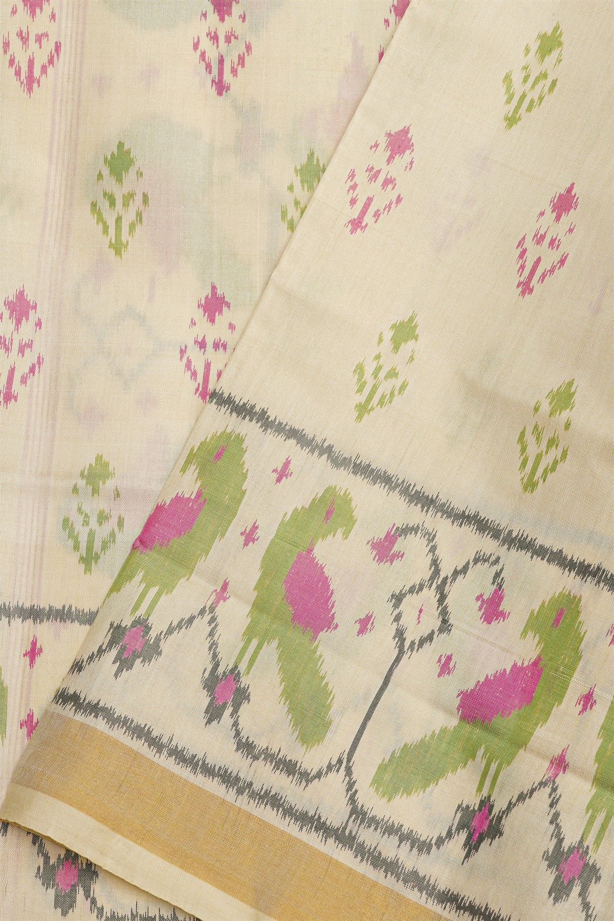 Patola Silk Off White Saree With Floral Jaal And Parrots Border
