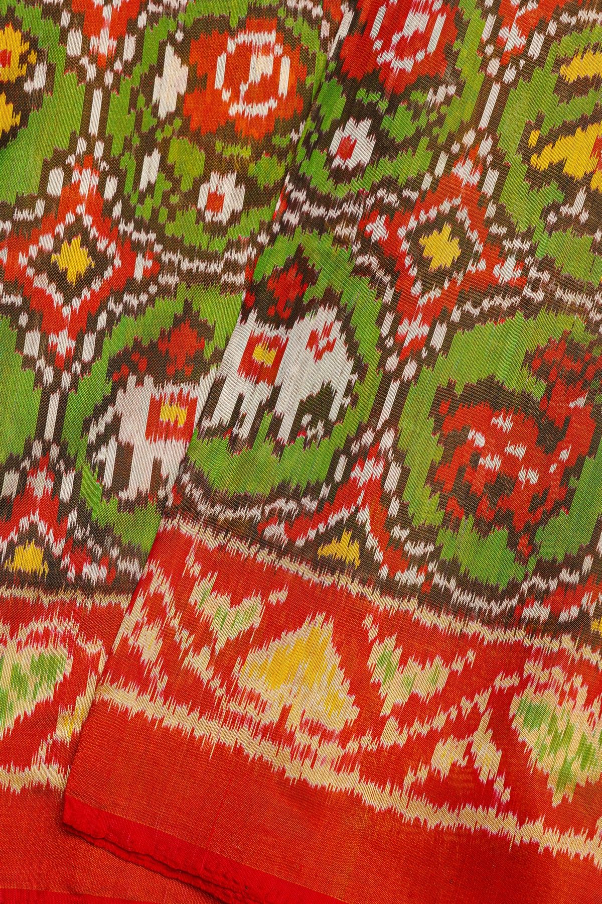 Patola Silk Mehendi Green Saree With Florals And Animals Body