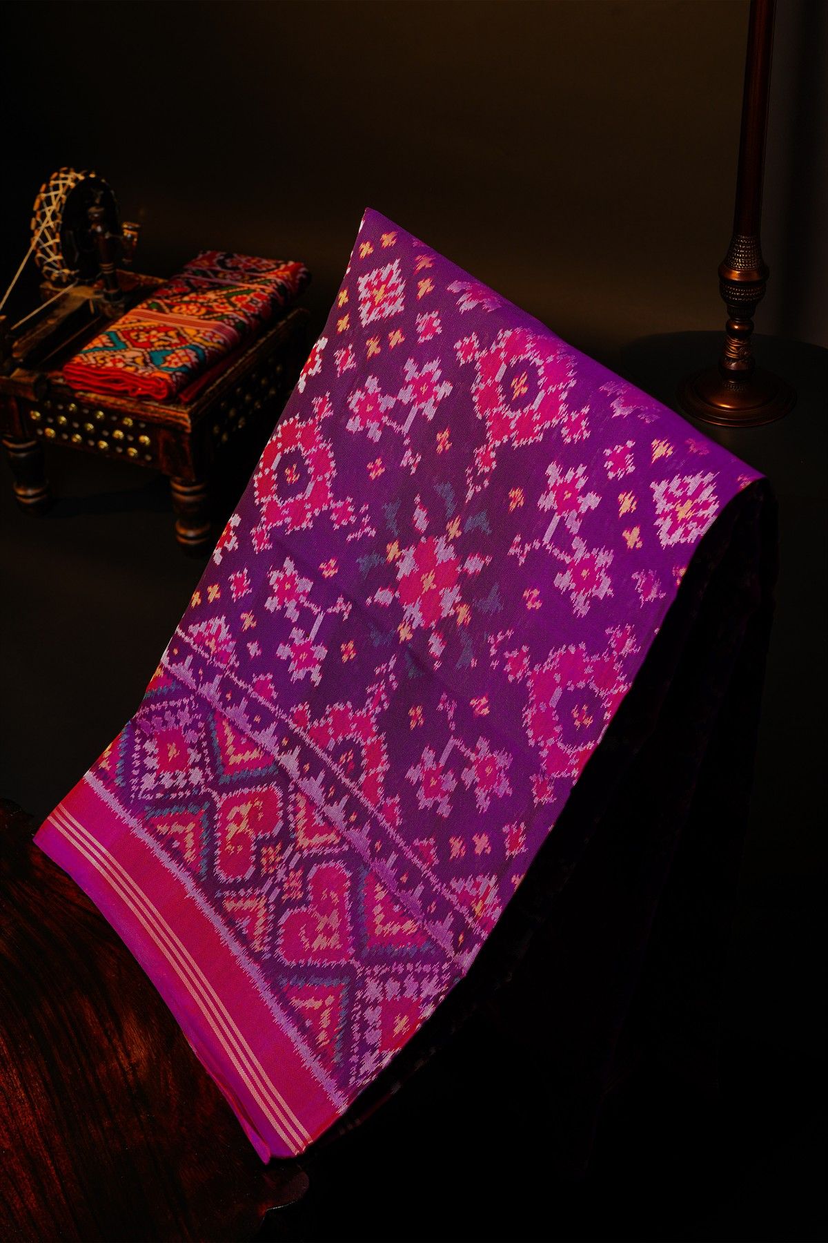 Patola Silk Violet Saree With Florals And Leaves Body