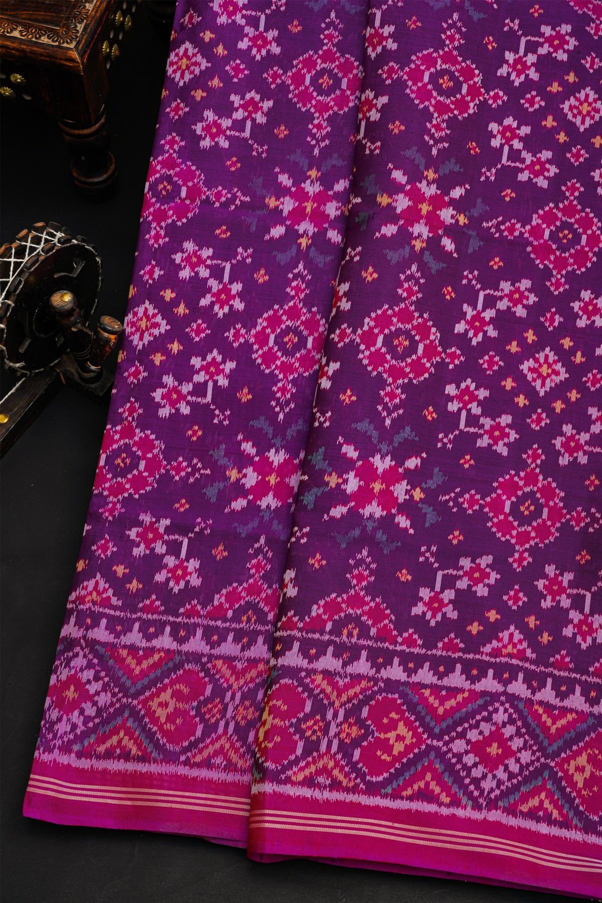 Patola Silk Violet Saree With Florals And Leaves Body