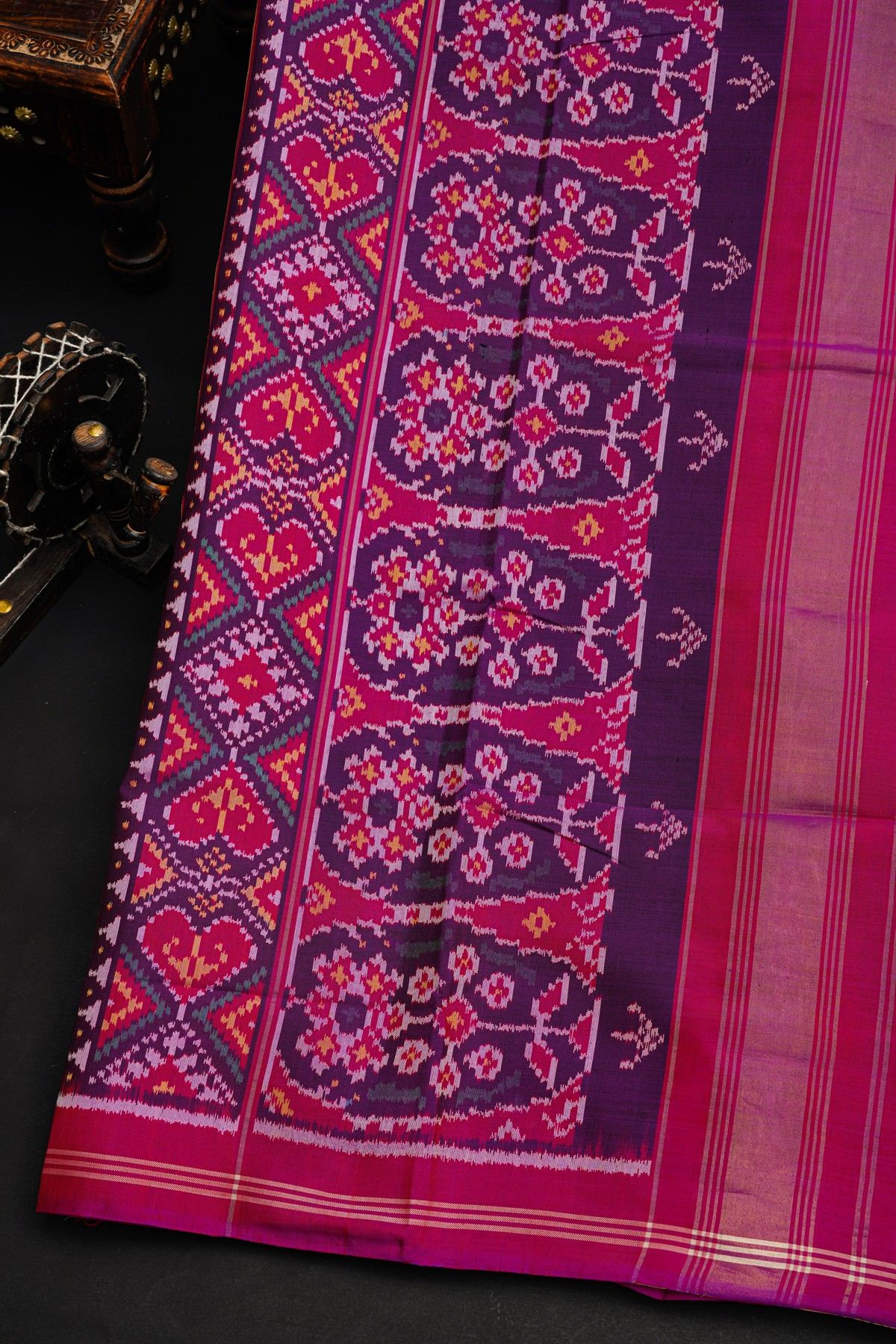 Patola Silk Violet Saree With Florals And Leaves Body