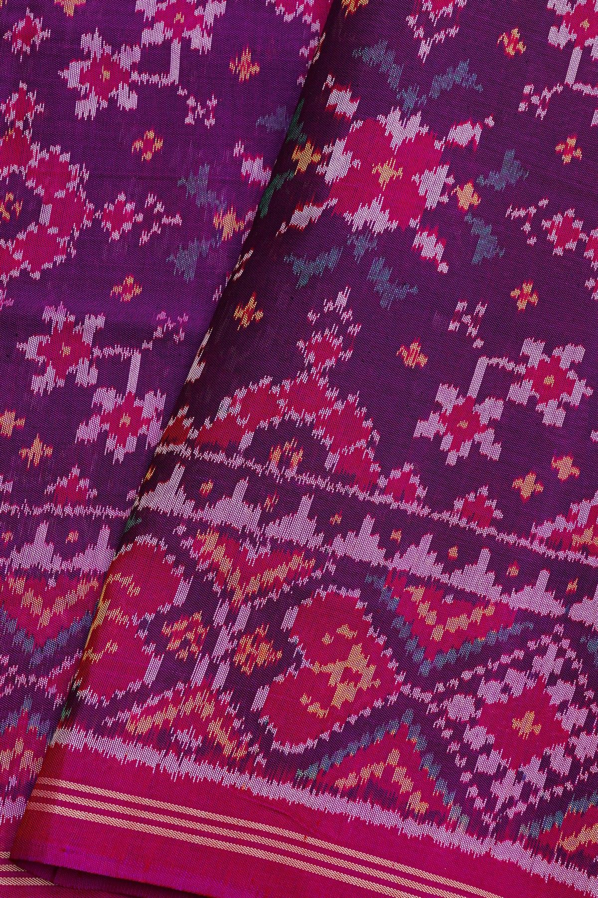 Patola Silk Violet Saree With Florals And Leaves Body