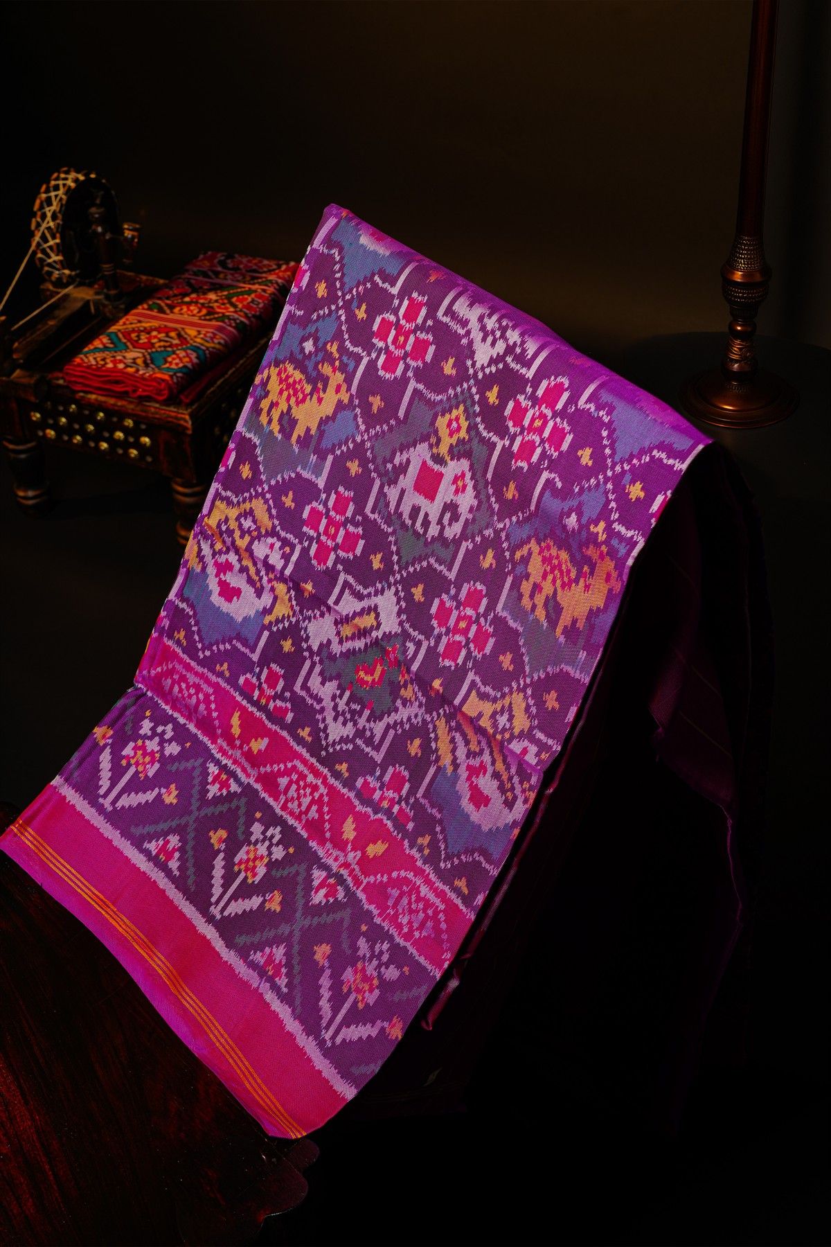 Patola Silk Dark Mauve Saree With Florals And Animals Body