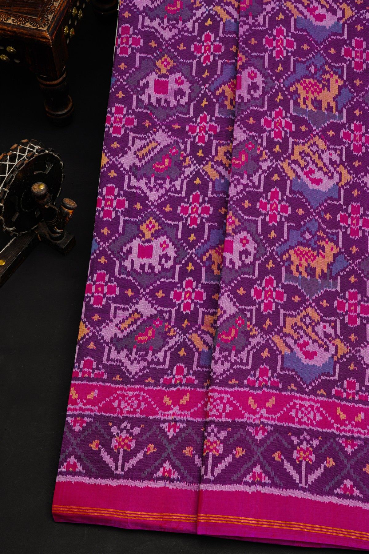 Patola Silk Dark Mauve Saree With Florals And Animals Body
