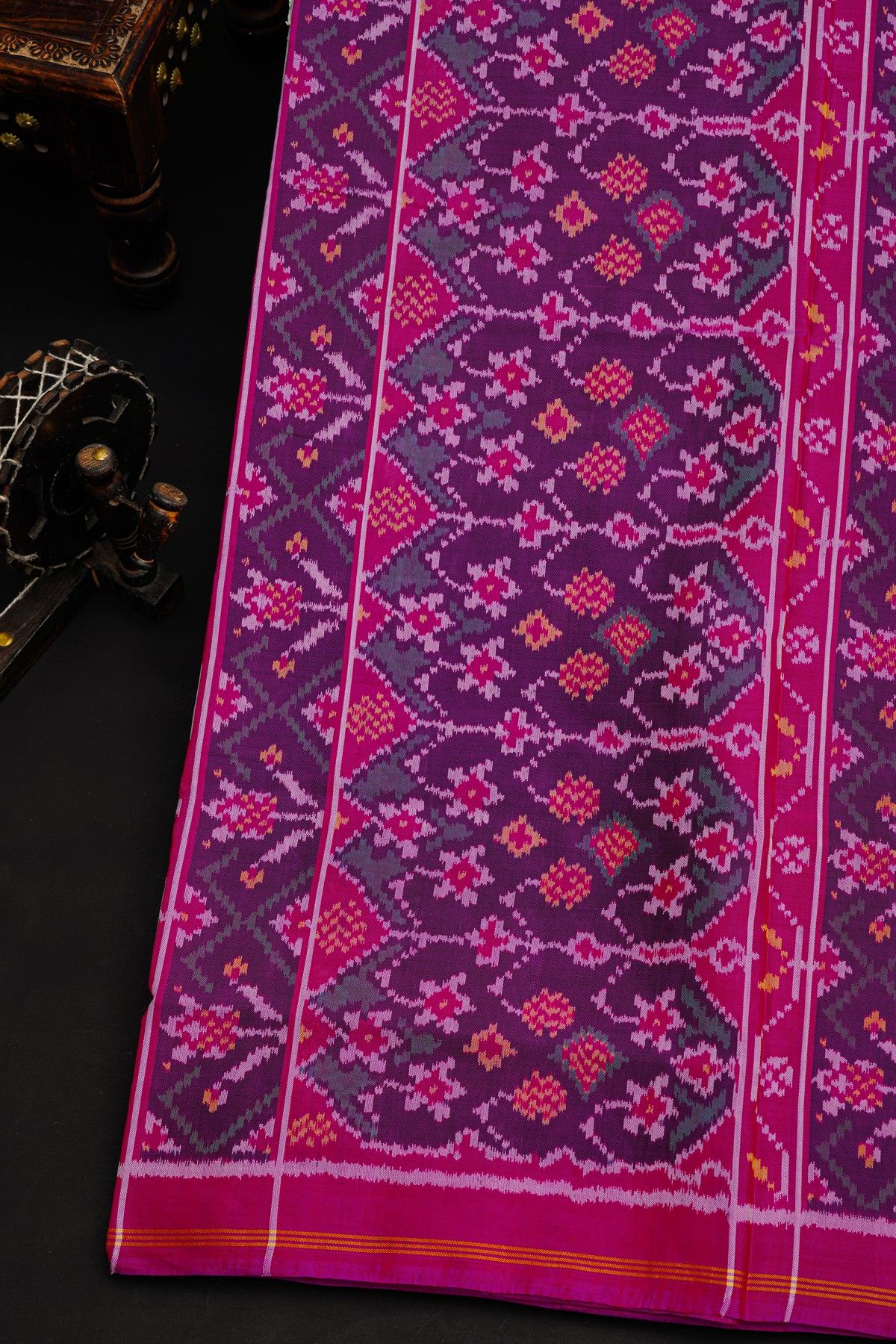 Patola Silk Dark Mauve Saree With Florals And Animals Body