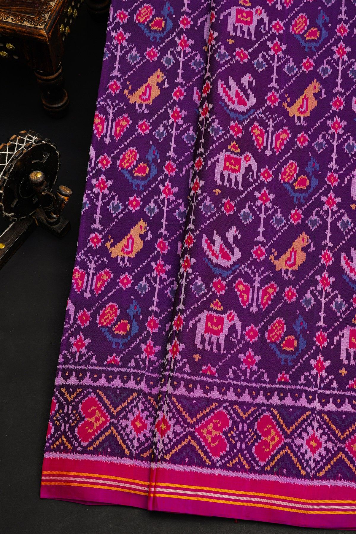 Patola Silk Violet Saree With Peacocks And Elephants Body
