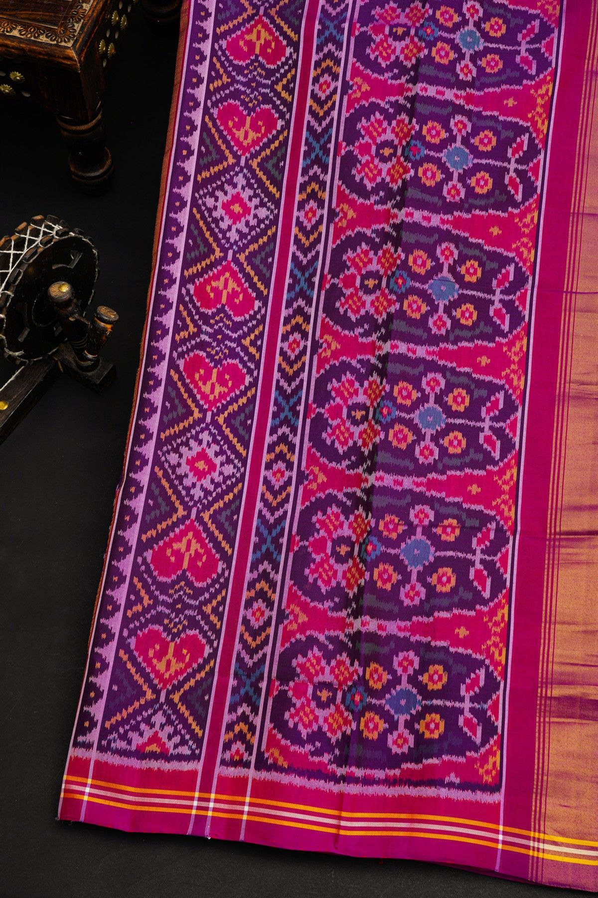 Patola Silk Violet Saree With Peacocks And Elephants Body