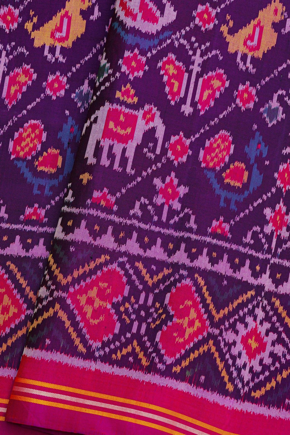 Patola Silk Violet Saree With Peacocks And Elephants Body