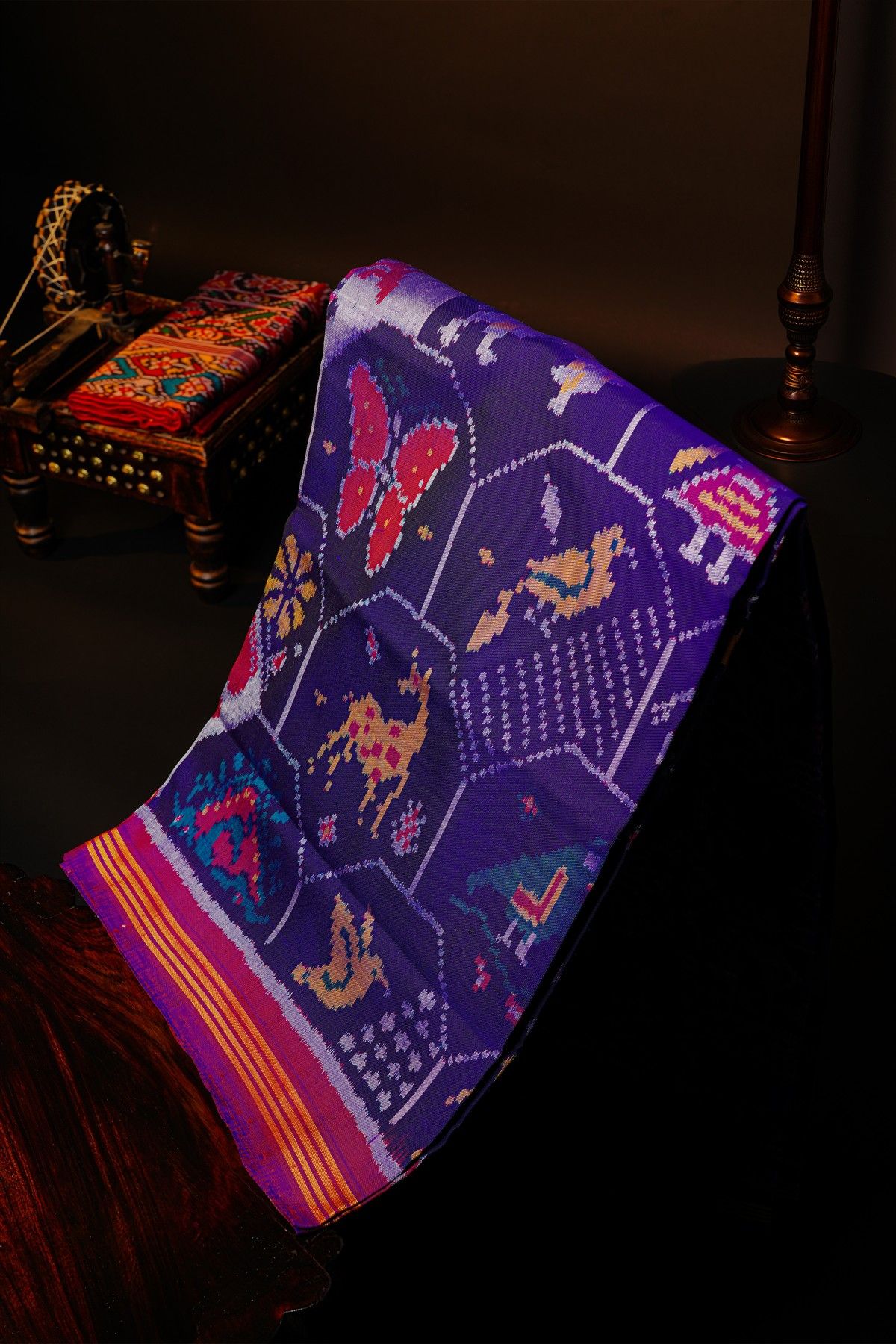 Patola Silk Royal Blue Saree With Animals, Birds And Humans Motifs Body