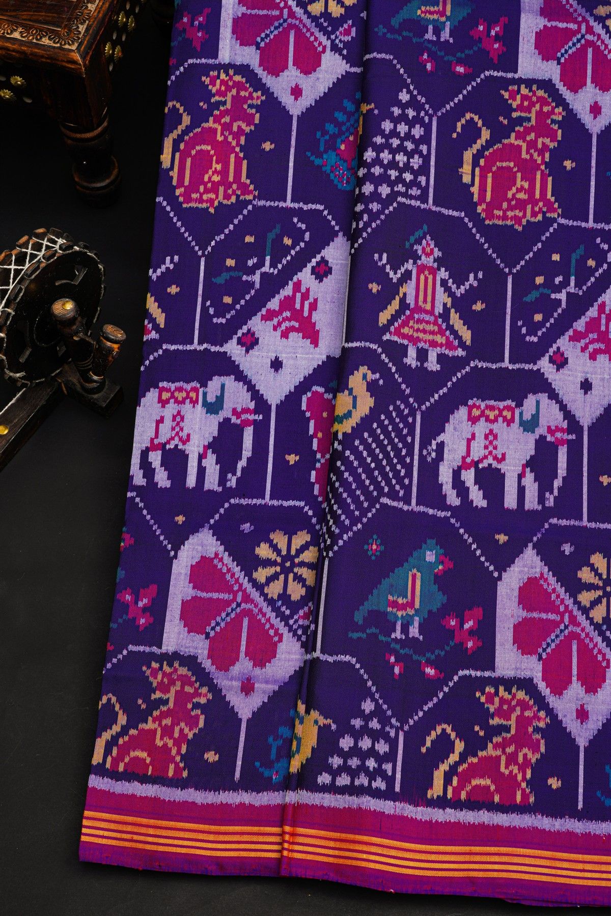 Patola Silk Royal Blue Saree With Animals, Birds And Humans Motifs Body