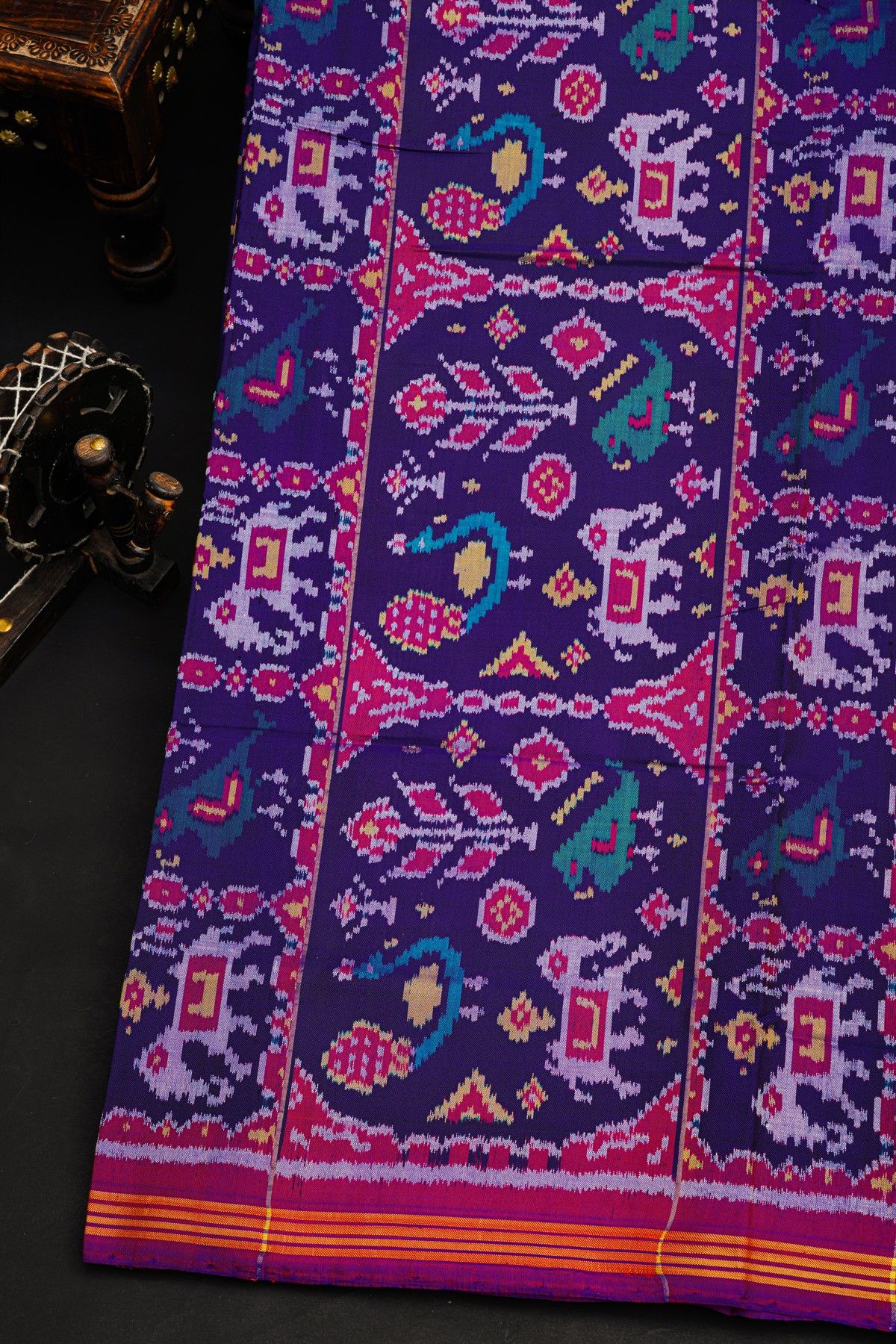 Patola Silk Royal Blue Saree With Animals, Birds And Humans Motifs Body