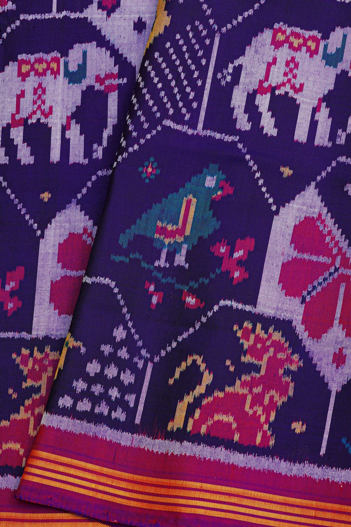 Patola Silk Royal Blue Saree With Animals, Birds And Humans Motifs Body