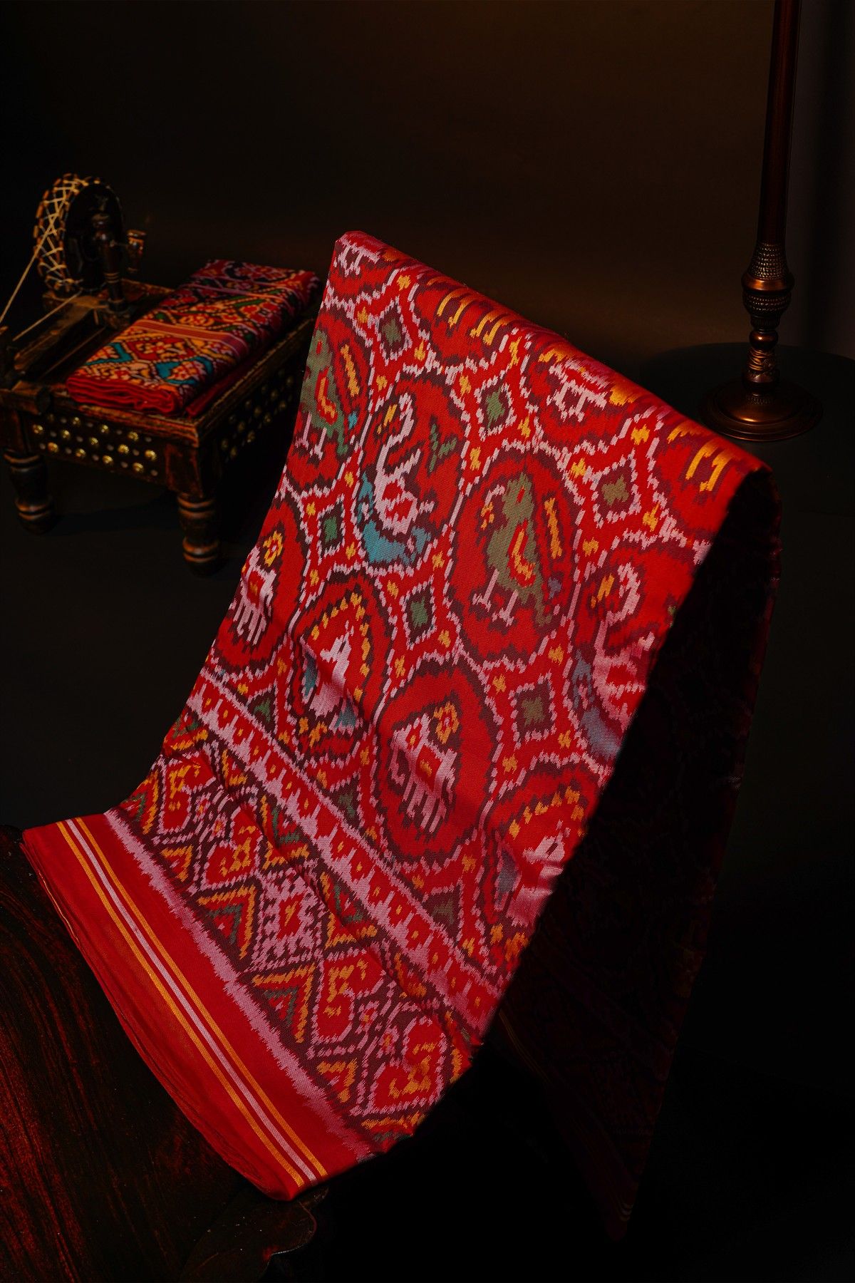 Patola Silk Orange Saree With Florals, Animals, Birds And Humans Motifs Body