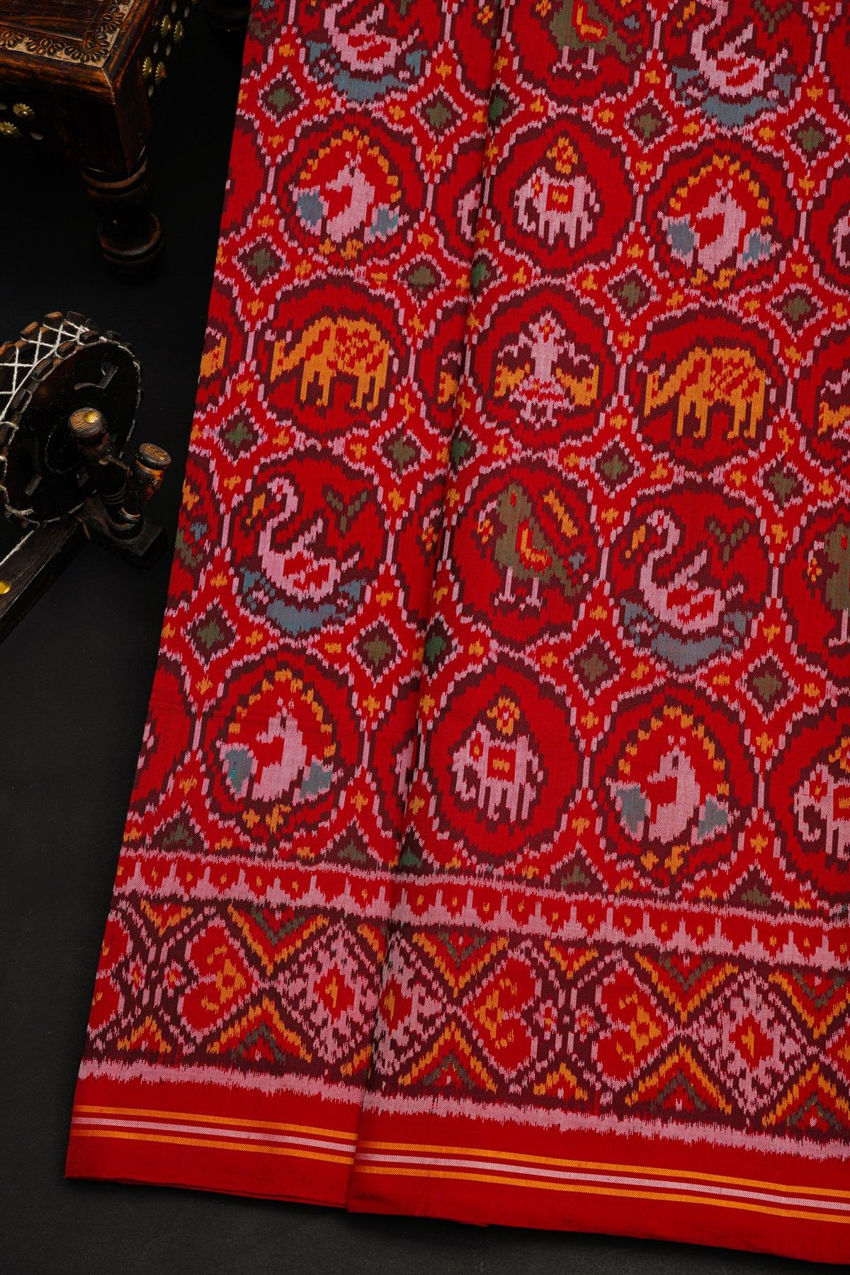 Patola Silk Orange Saree With Florals, Animals, Birds And Humans Motifs Body