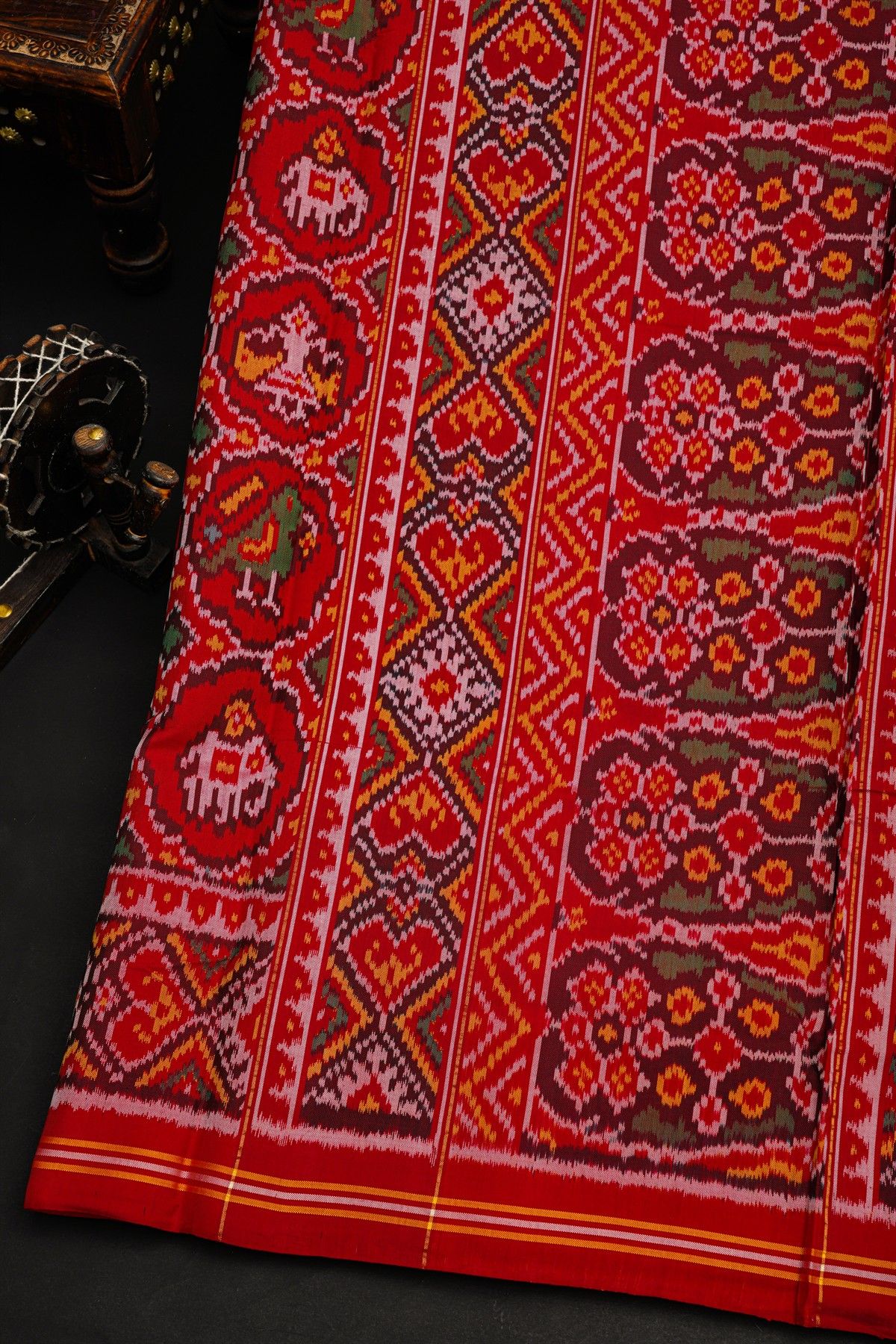 Patola Silk Orange Saree With Florals, Animals, Birds And Humans Motifs Body