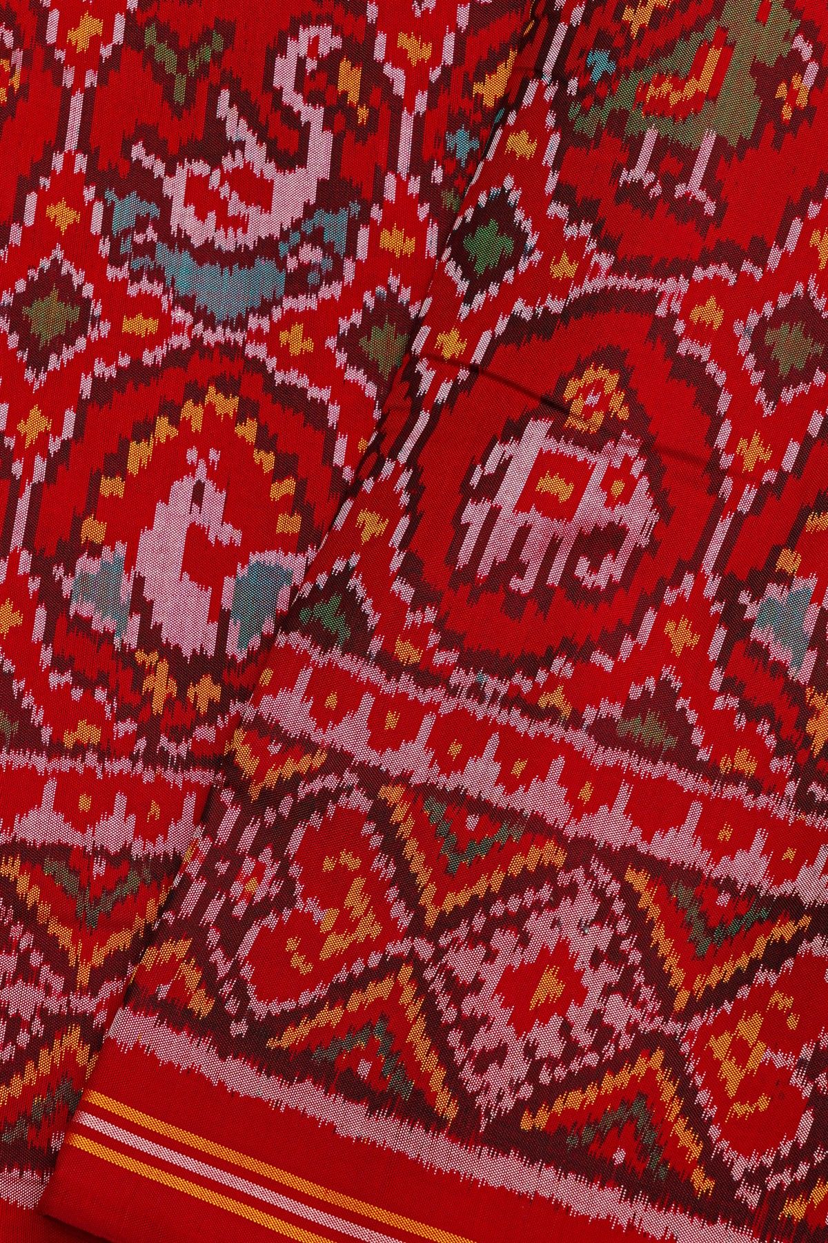 Patola Silk Orange Saree With Florals, Animals, Birds And Humans Motifs Body