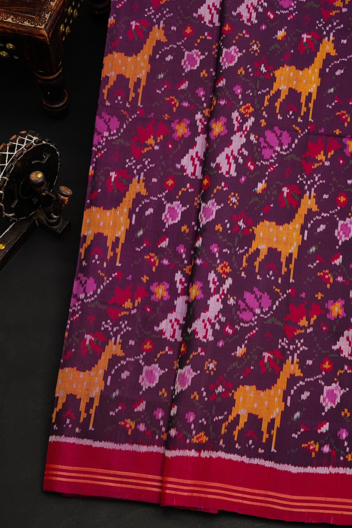 Patola Silk Purple Saree With All Over Floral Weaving In Animal Theme