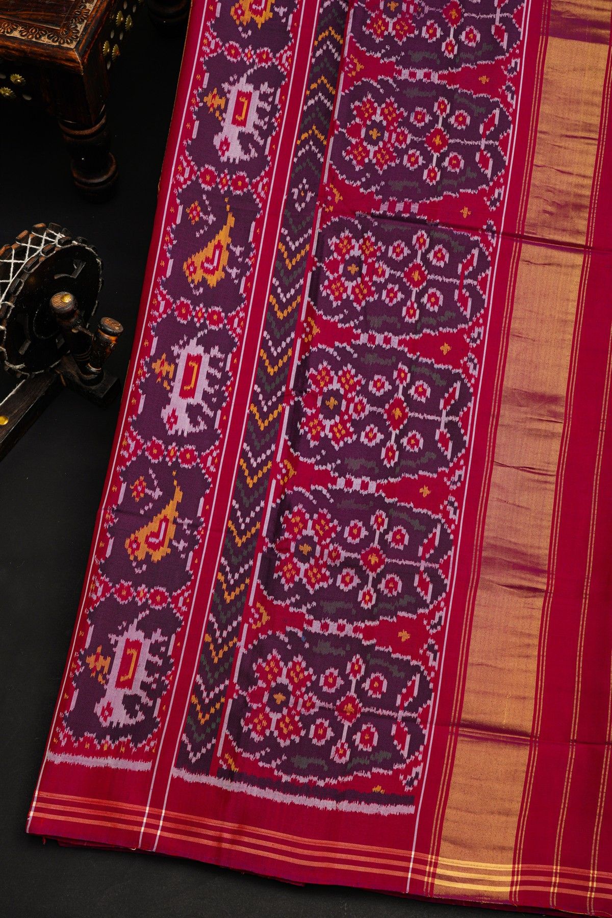 Patola Silk Purple Saree With All Over Floral Weaving In Animal Theme