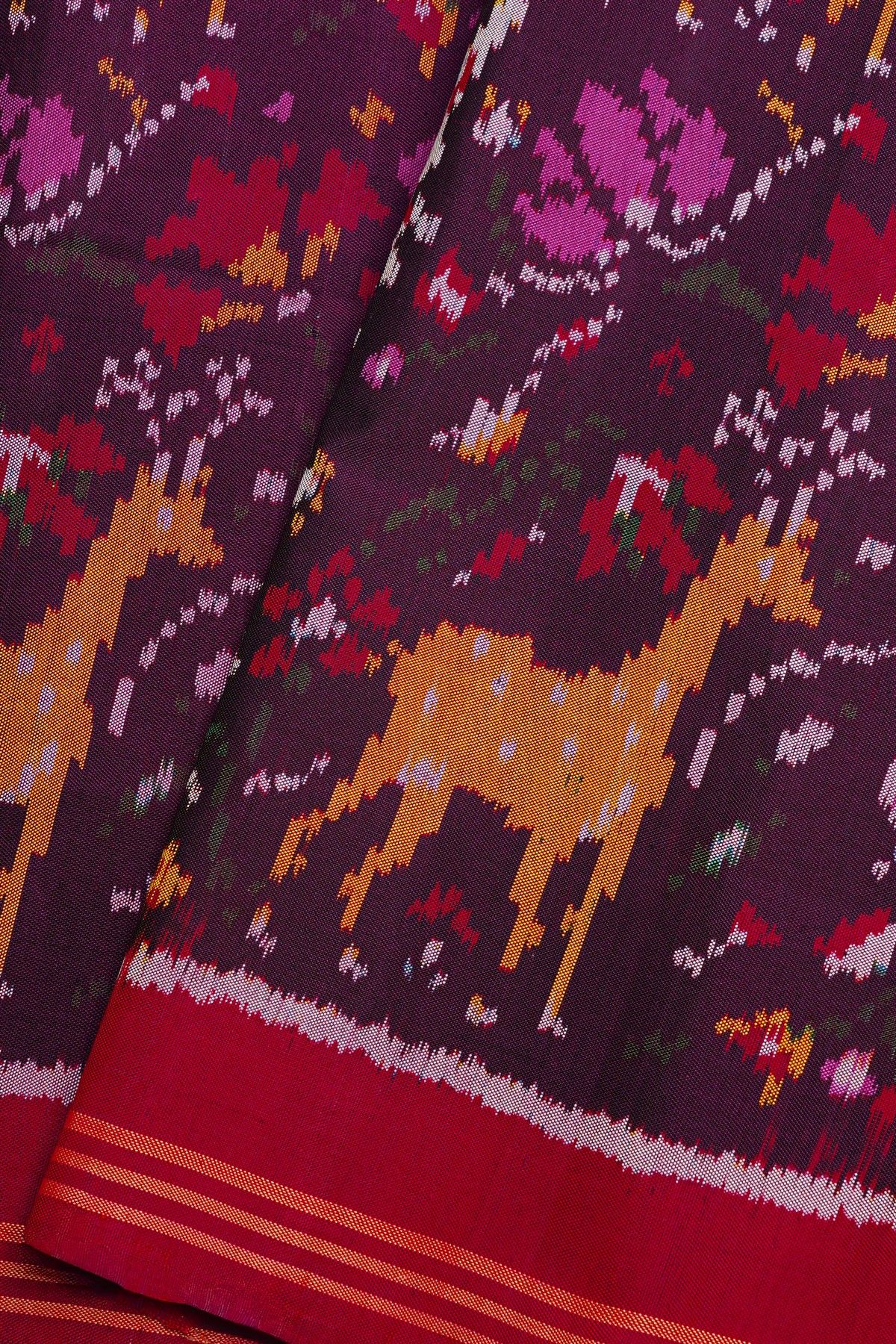 Patola Silk Purple Saree With All Over Floral Weaving In Animal Theme