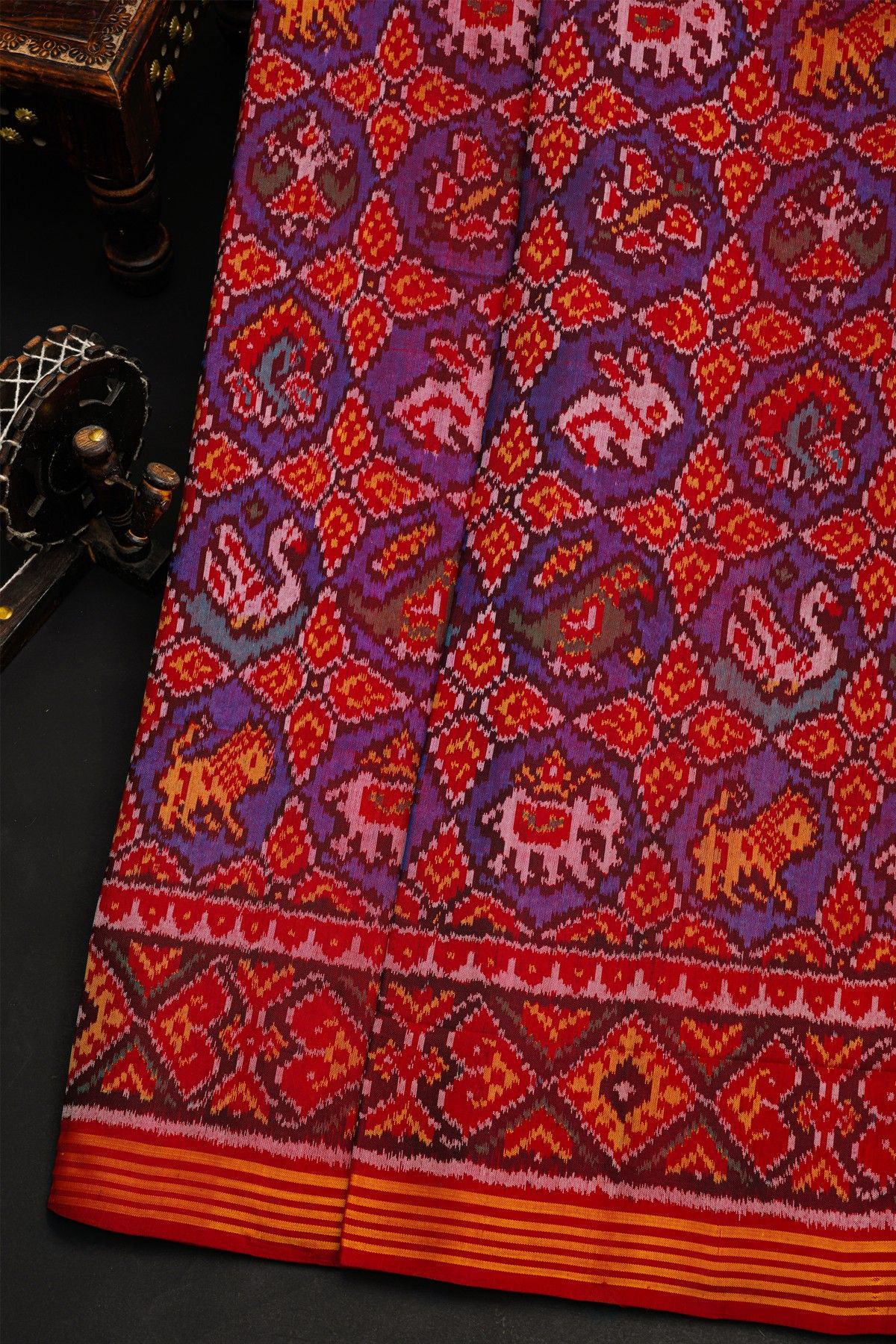 Patola Silk Red Saree With All Over Floral Weaving Body And Lines Border