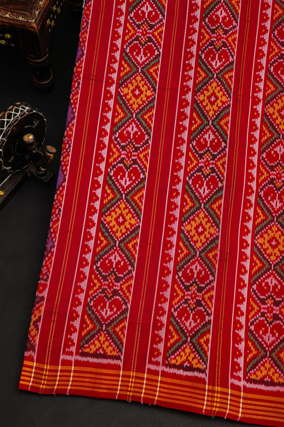 Patola Silk Red Saree With All Over Floral Weaving Body And Lines Border