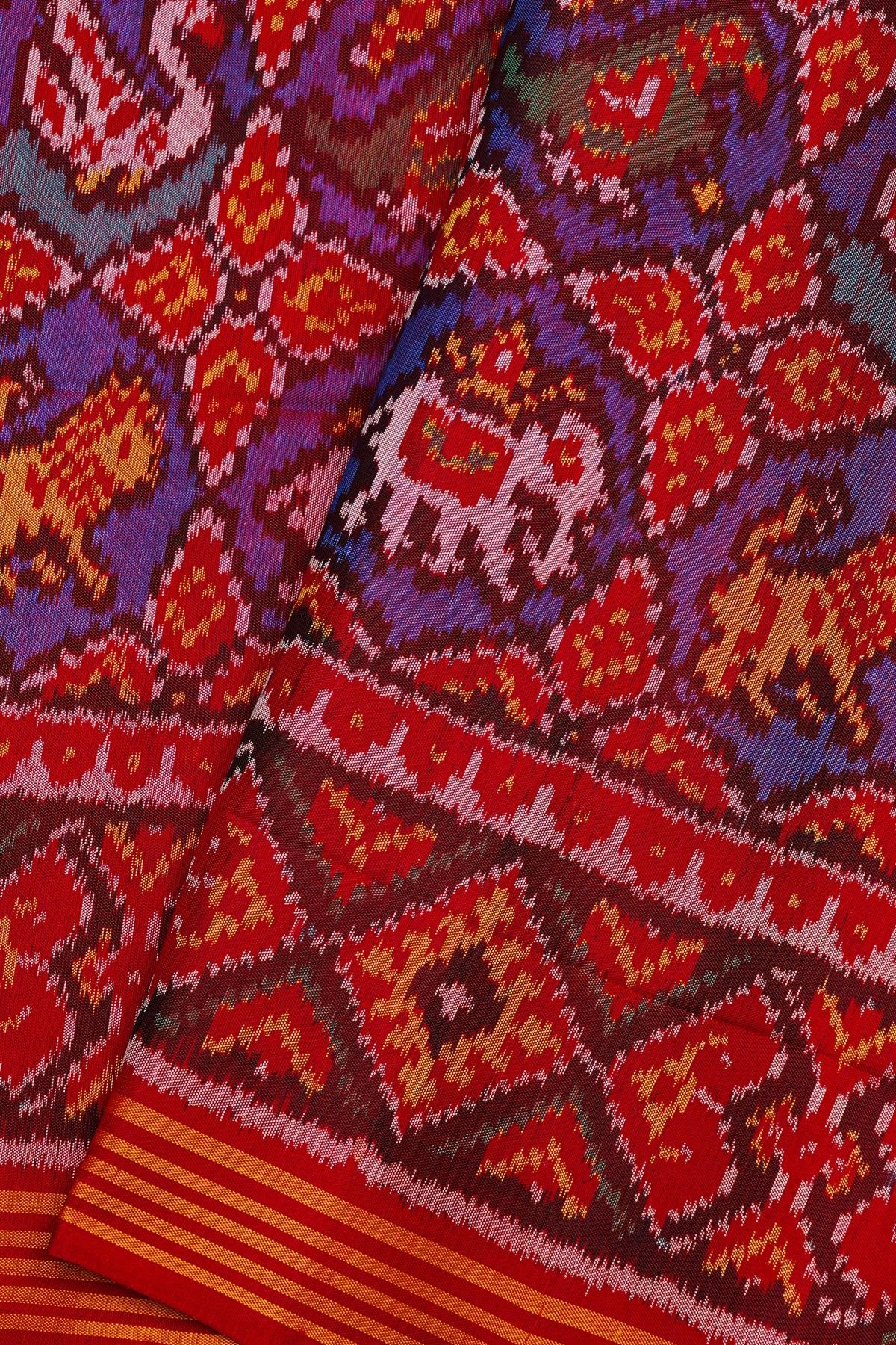 Patola Silk Red Saree With All Over Floral Weaving Body And Lines Border